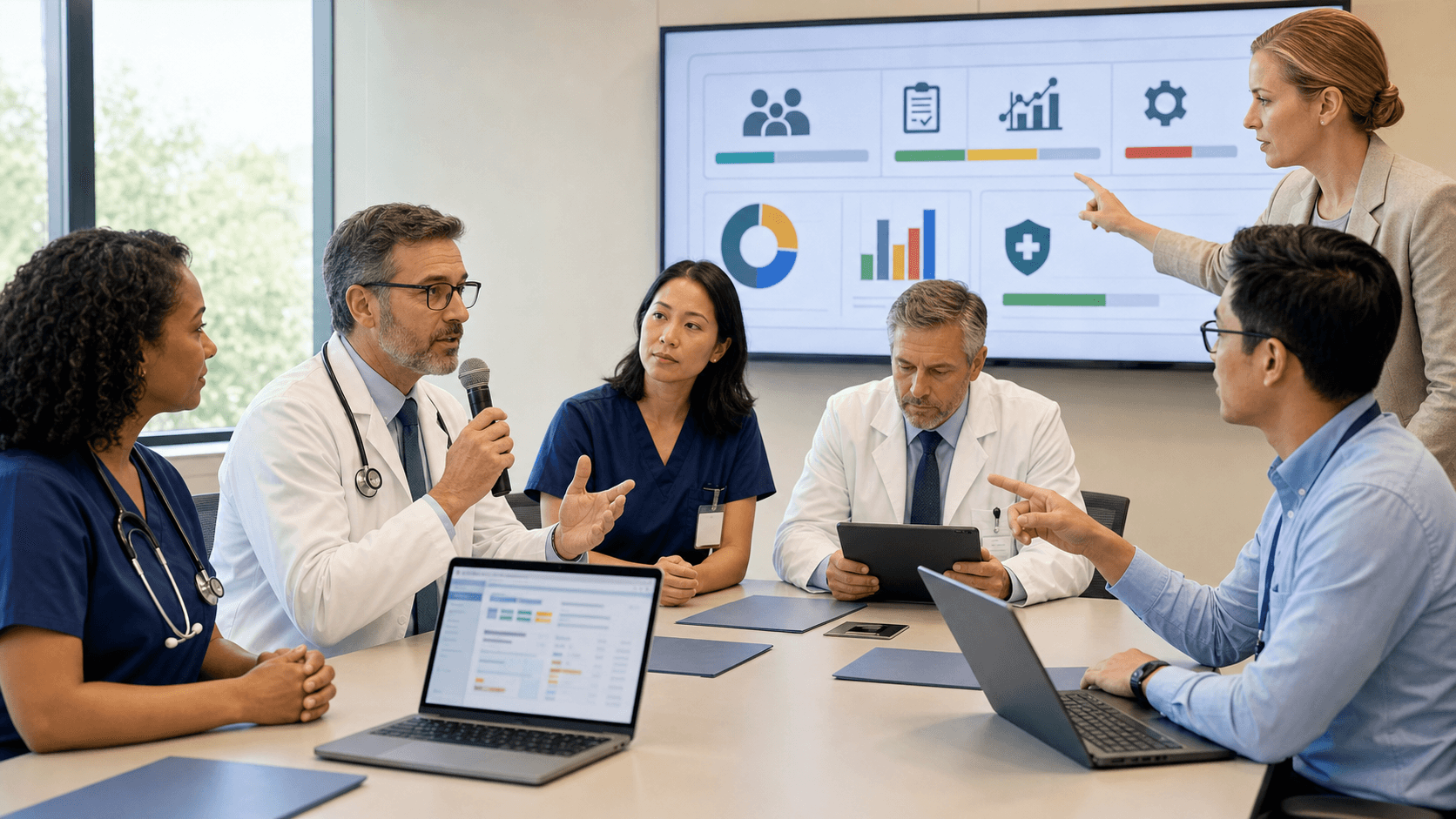 Clipboard checklist with medical icons, calendar blocks, and bold headings on a clean blue-and-white background.