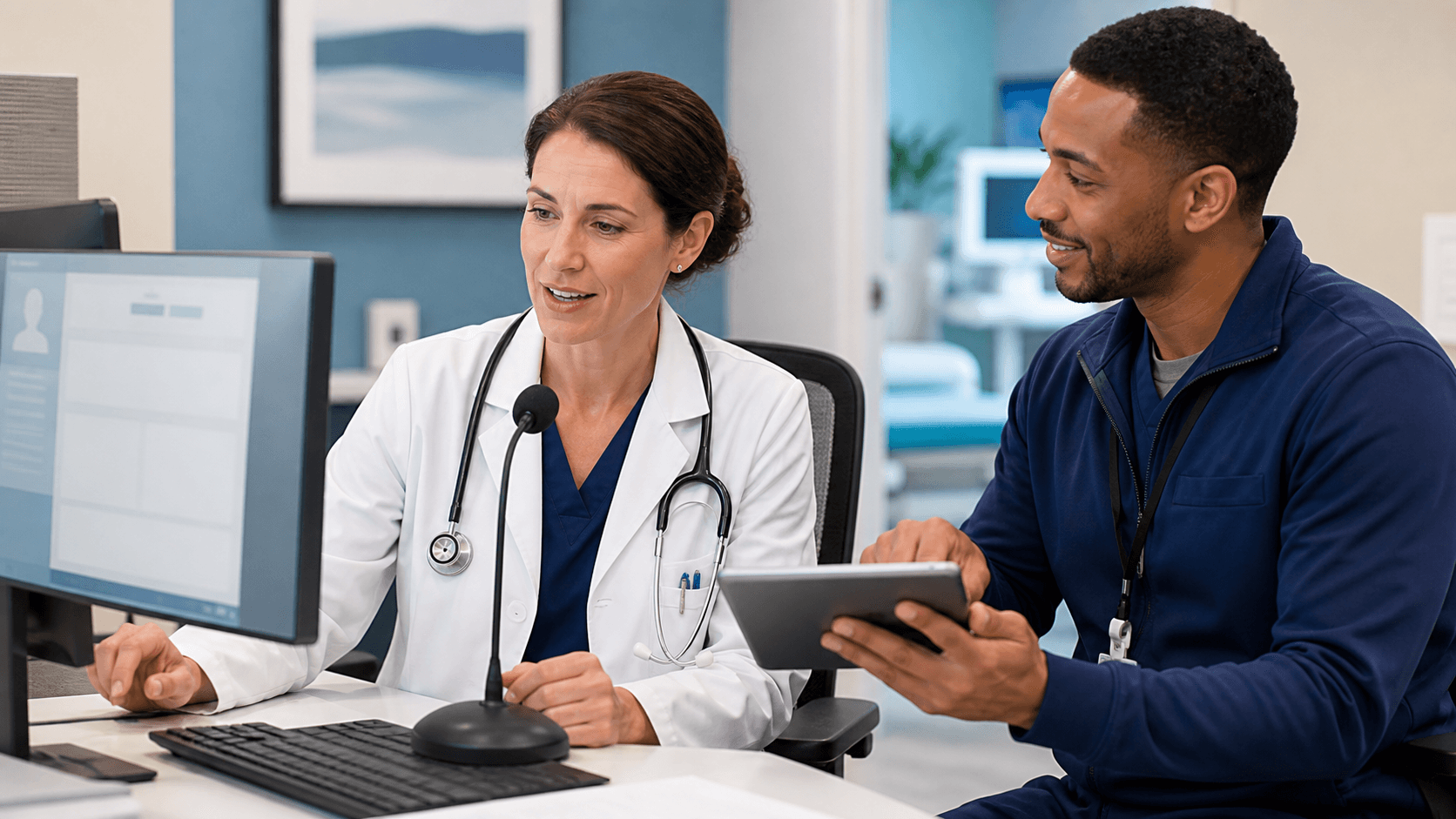 Clinician in a white coat using a headset beside a glowing blue medical interface.