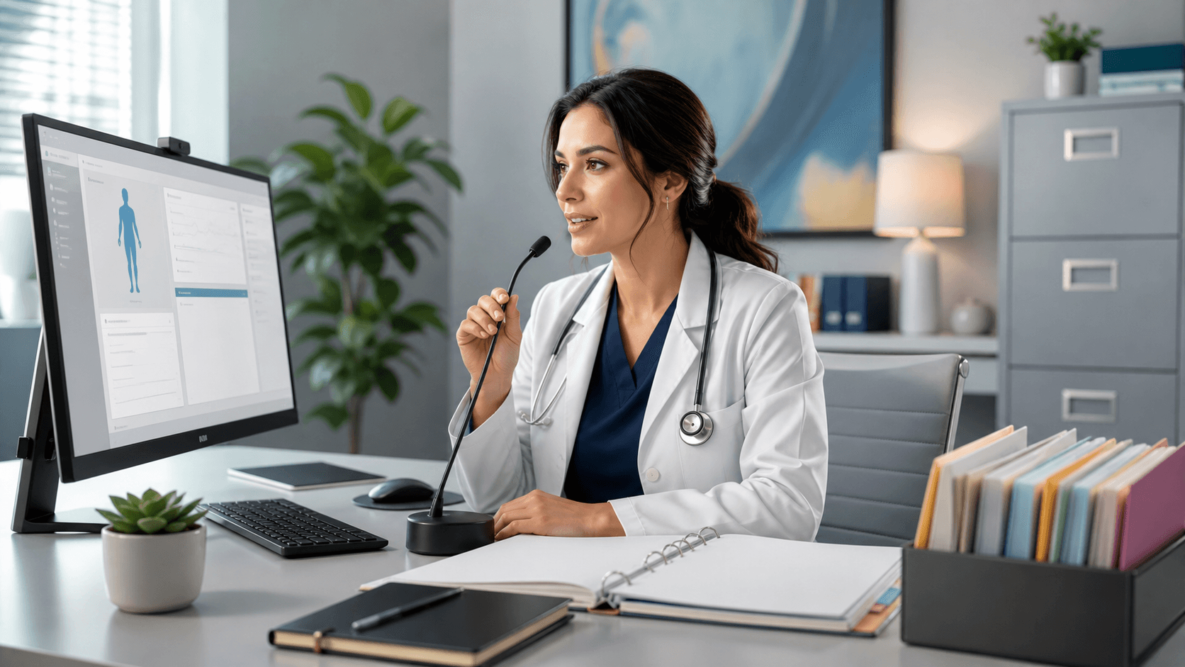 Doctor using a smartphone dictation app beside a glowing laptop displaying secure medical records.