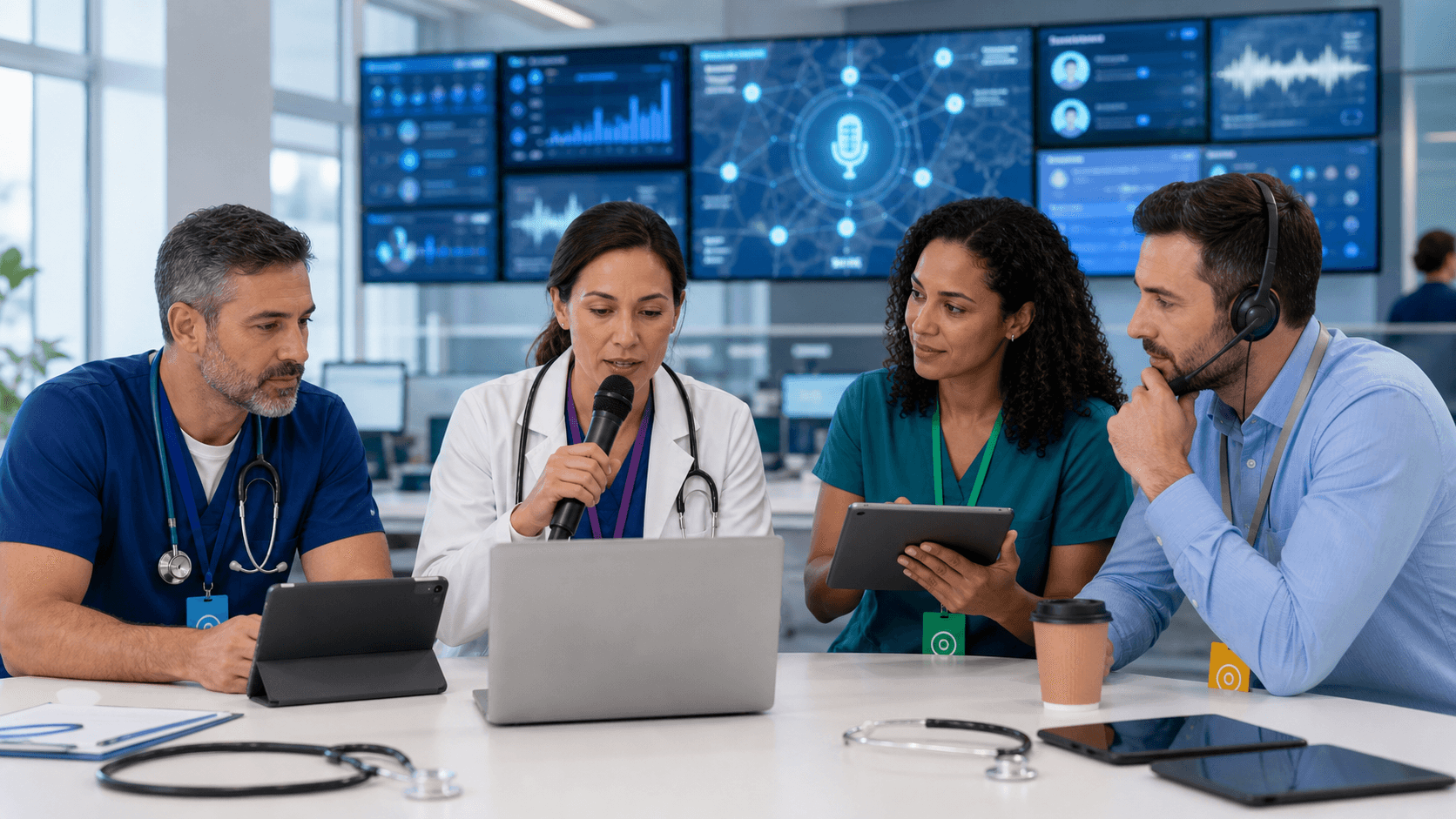 Doctor speaking into headset beside a laptop with waveform graphics, connecting lines to clinic icons on a blue backdrop