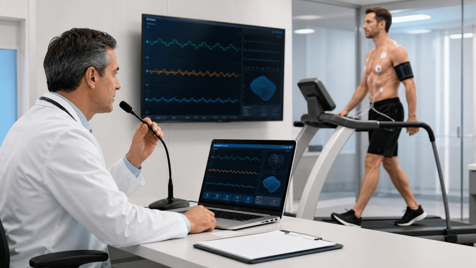 Cardiologist dictating into a microphone beside a laptop displaying colorful heart-monitor graphs.