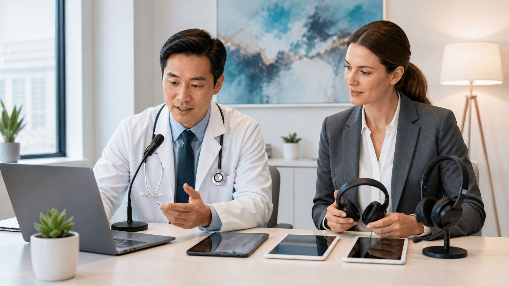 Clipboard with a medical app checklist beside a smartphone and stethoscope on a clean blue desk.