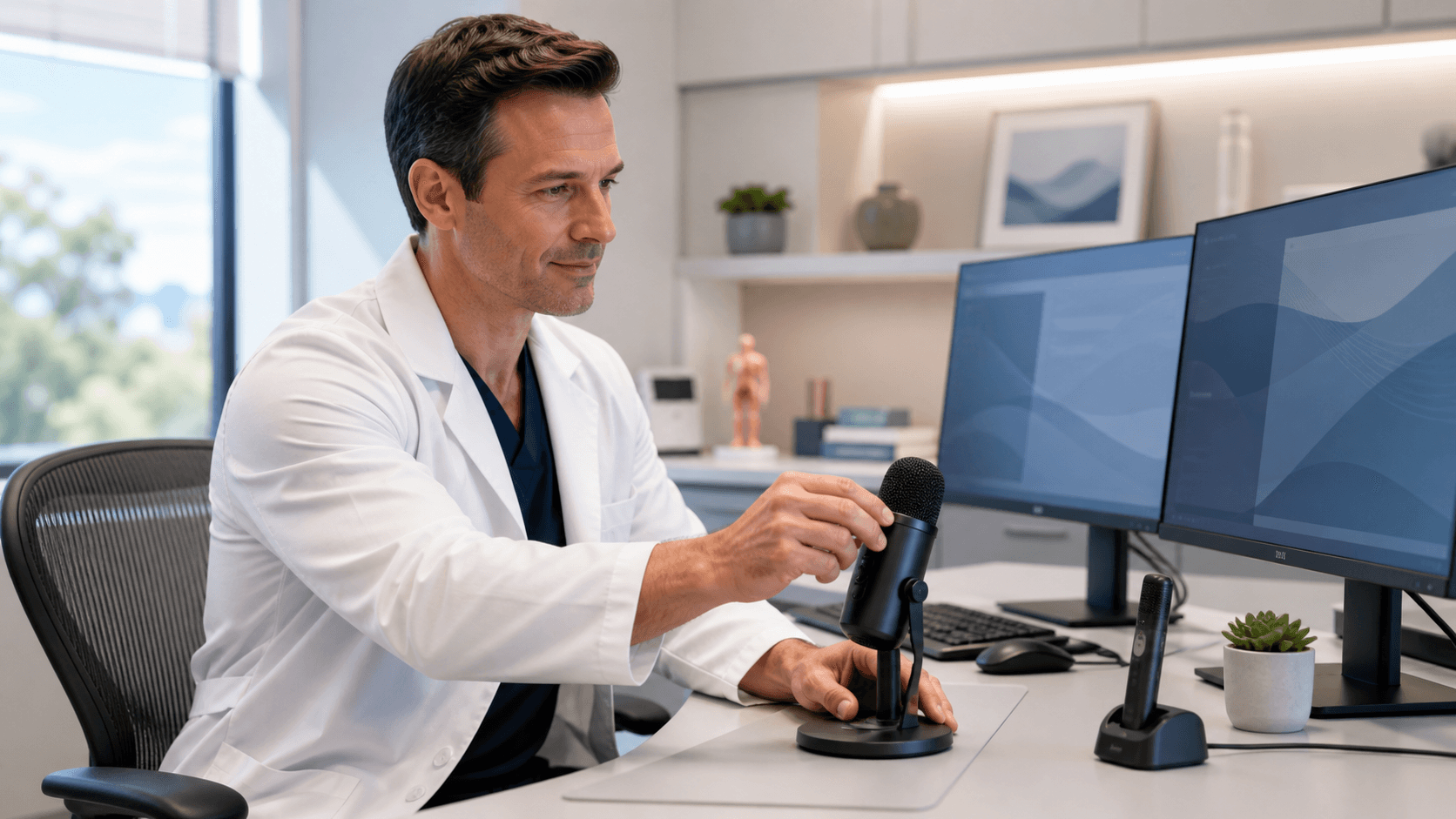 Sleek black desktop microphone beside a widescreen monitor on a clean, softly lit white workstation.