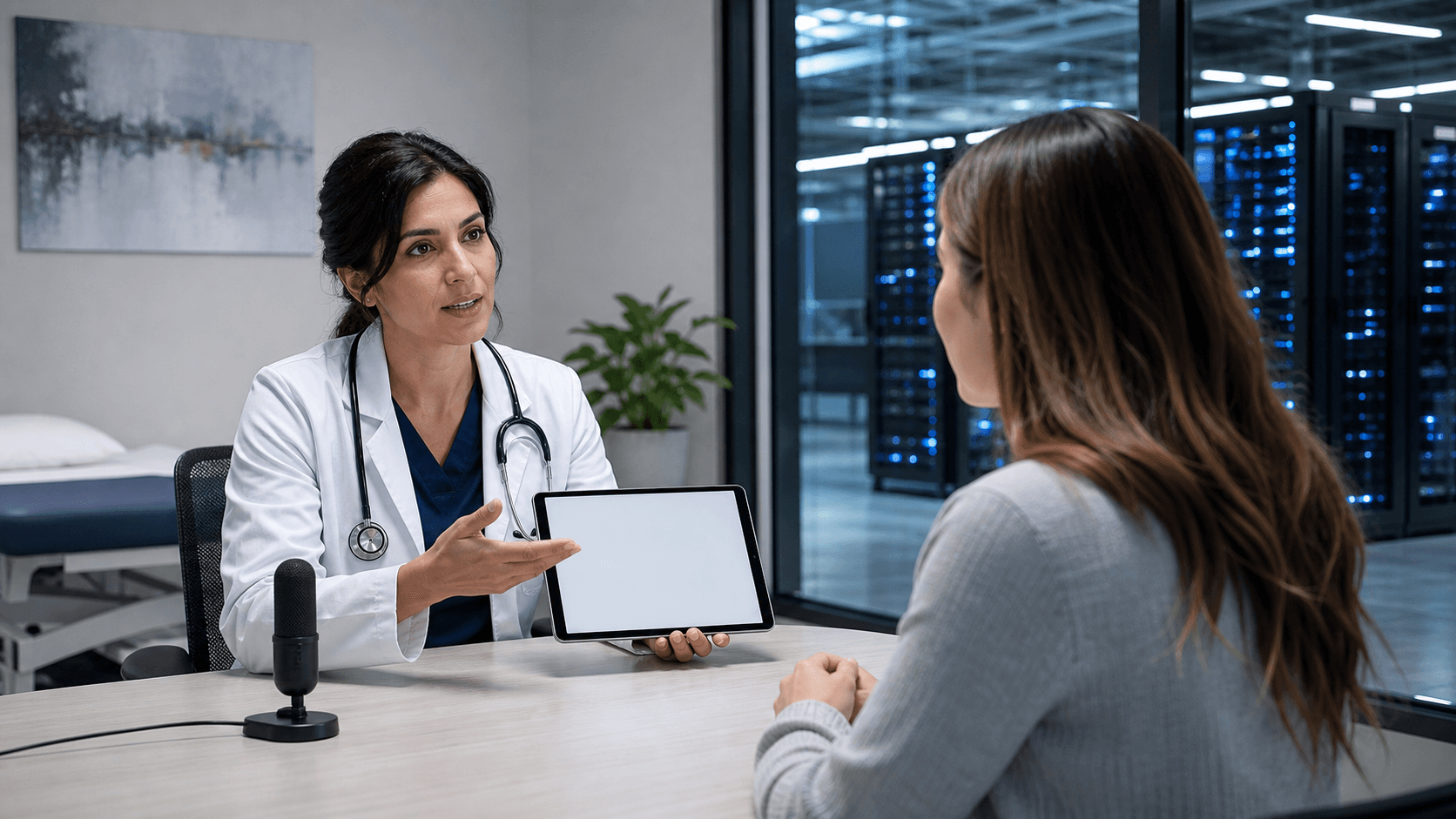 Doctor uses a headset at a split-screen workstation with blue clinical interface and audio waveform graphics.