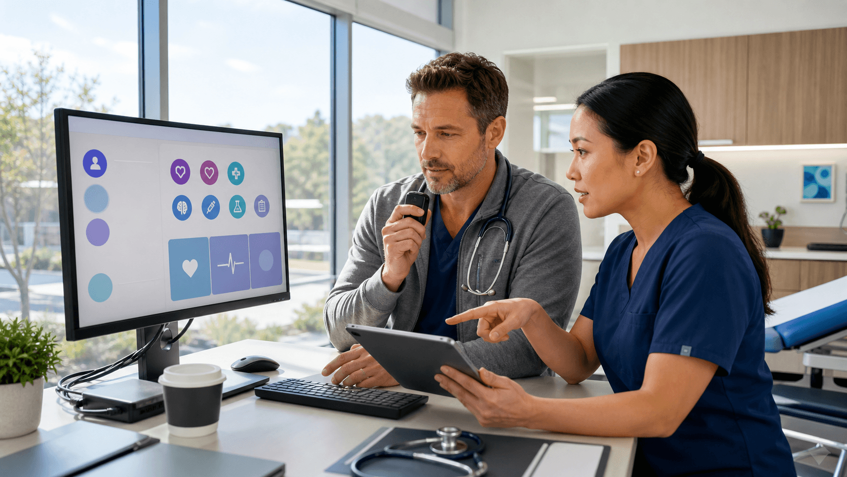 Doctor at a desk using a laptop with a waveform dictation app on screen, blue hospital UI in soft light