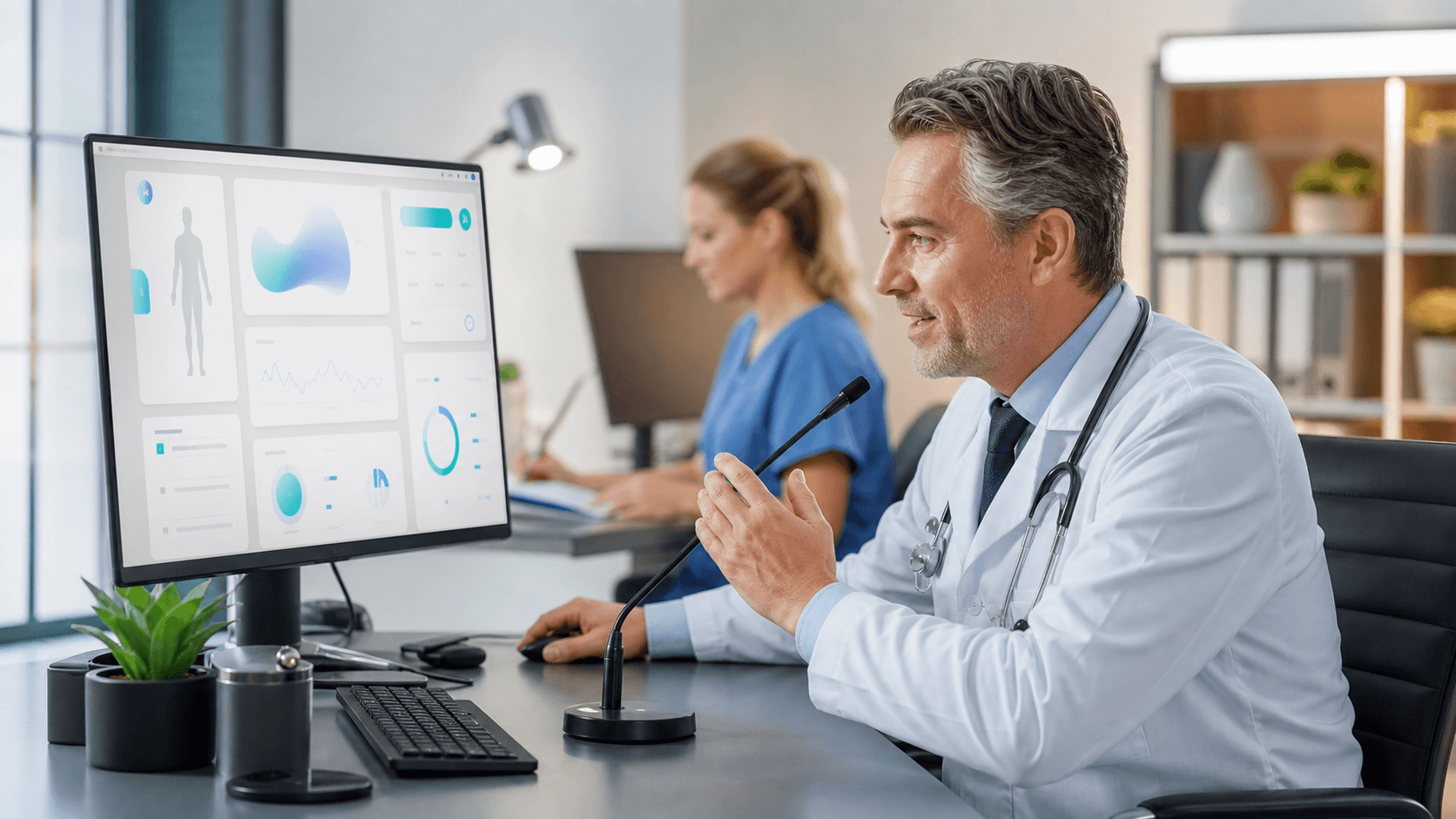 Overworked clinician at a desk with glowing AI waveform graphics and a dark blue hospital background.
