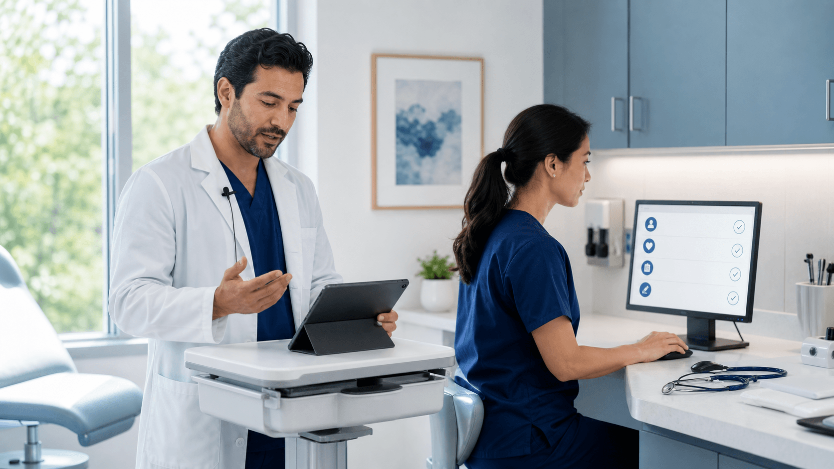 Doctor holding a clipboard checklist beside a microphone and laptop, clean blue-and-white hospital-themed flat design