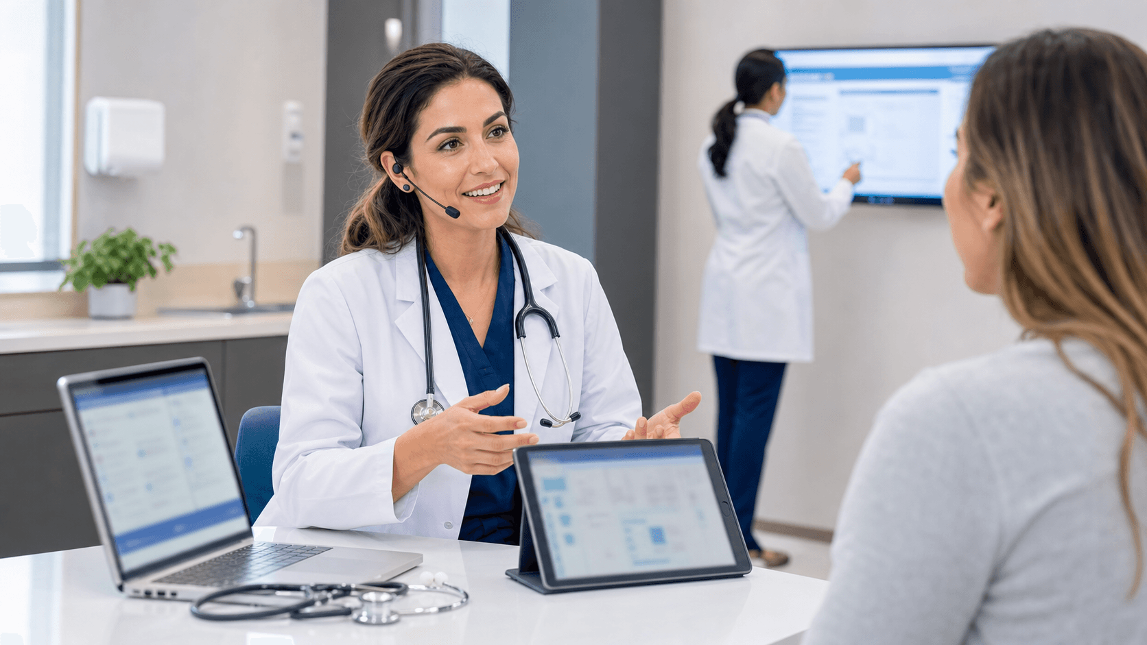 Doctor at a desk typing on a laptop with a headset mic, glowing screen, blue-toned clinic background.