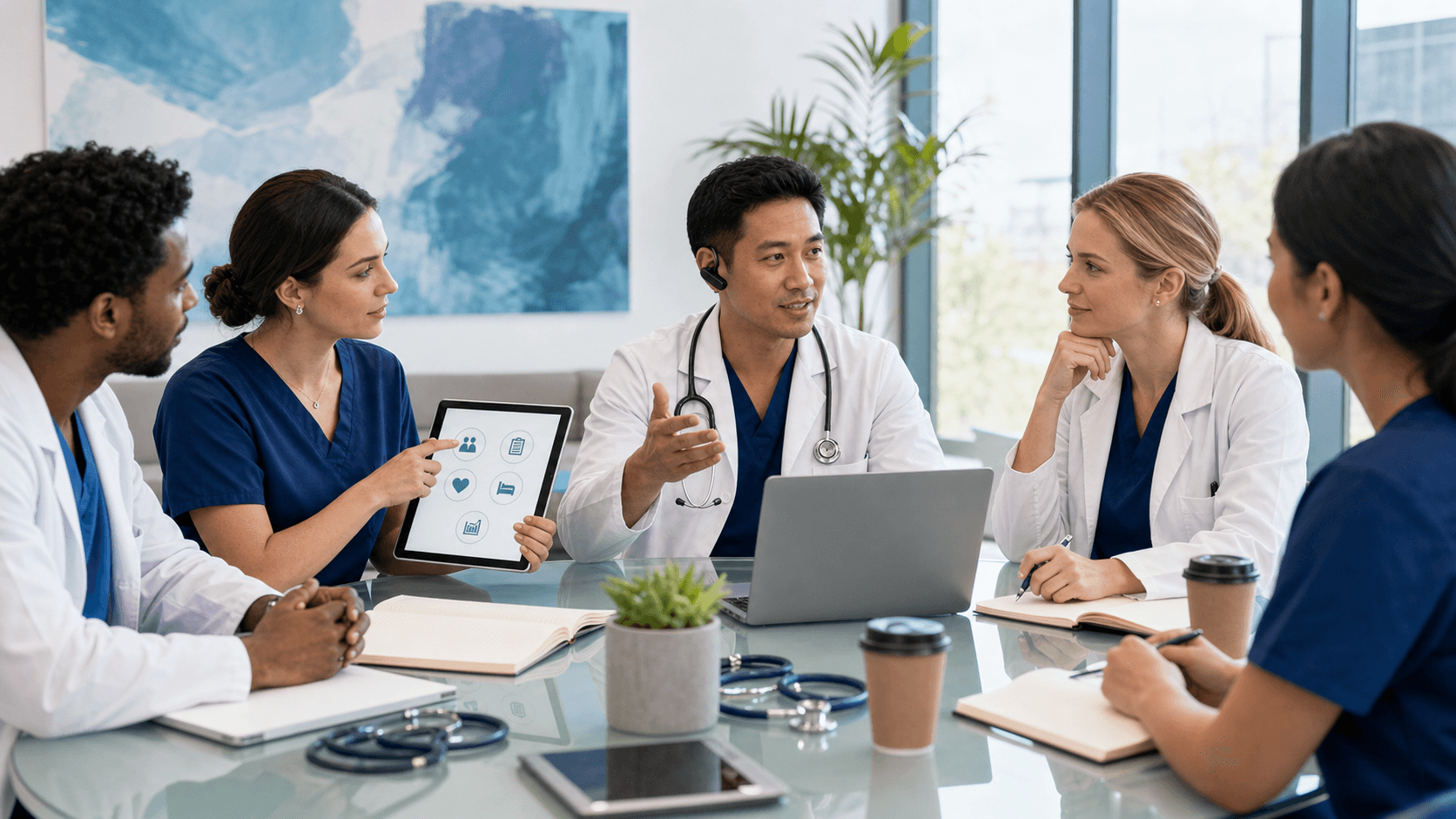 Clinician at a desk using a headset and laptop with a checklist overlay, blue-white medical interface in soft light