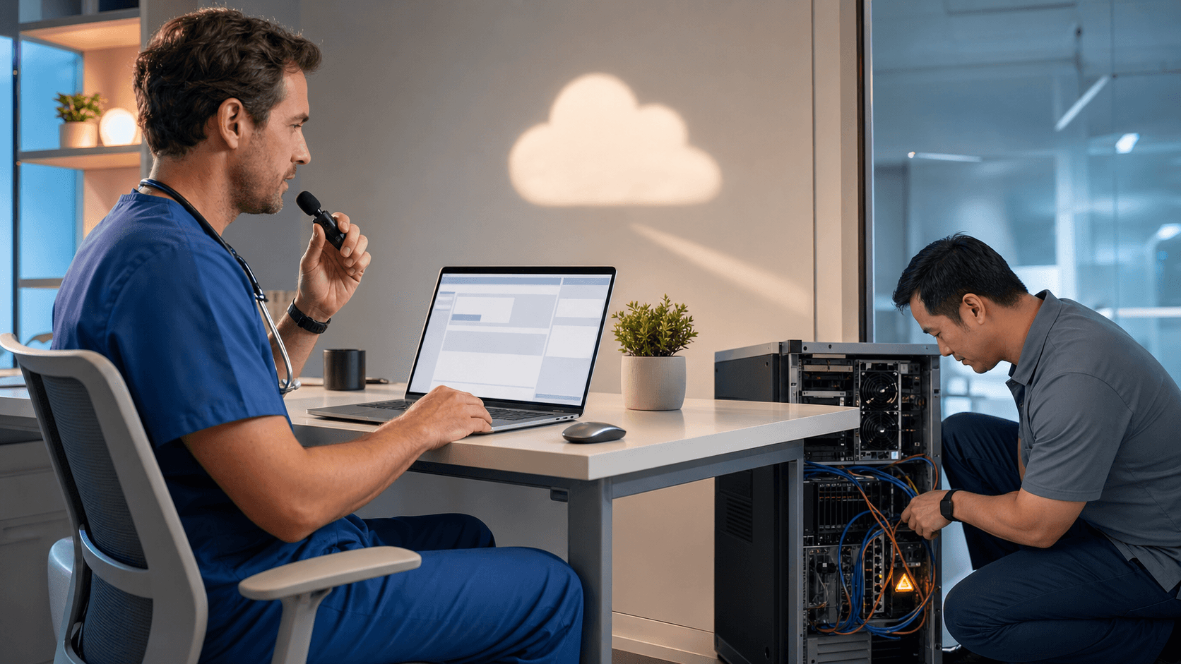 Doctor at a laptop with a speech waveform icon beside a blue cloud over a dark server rack background.