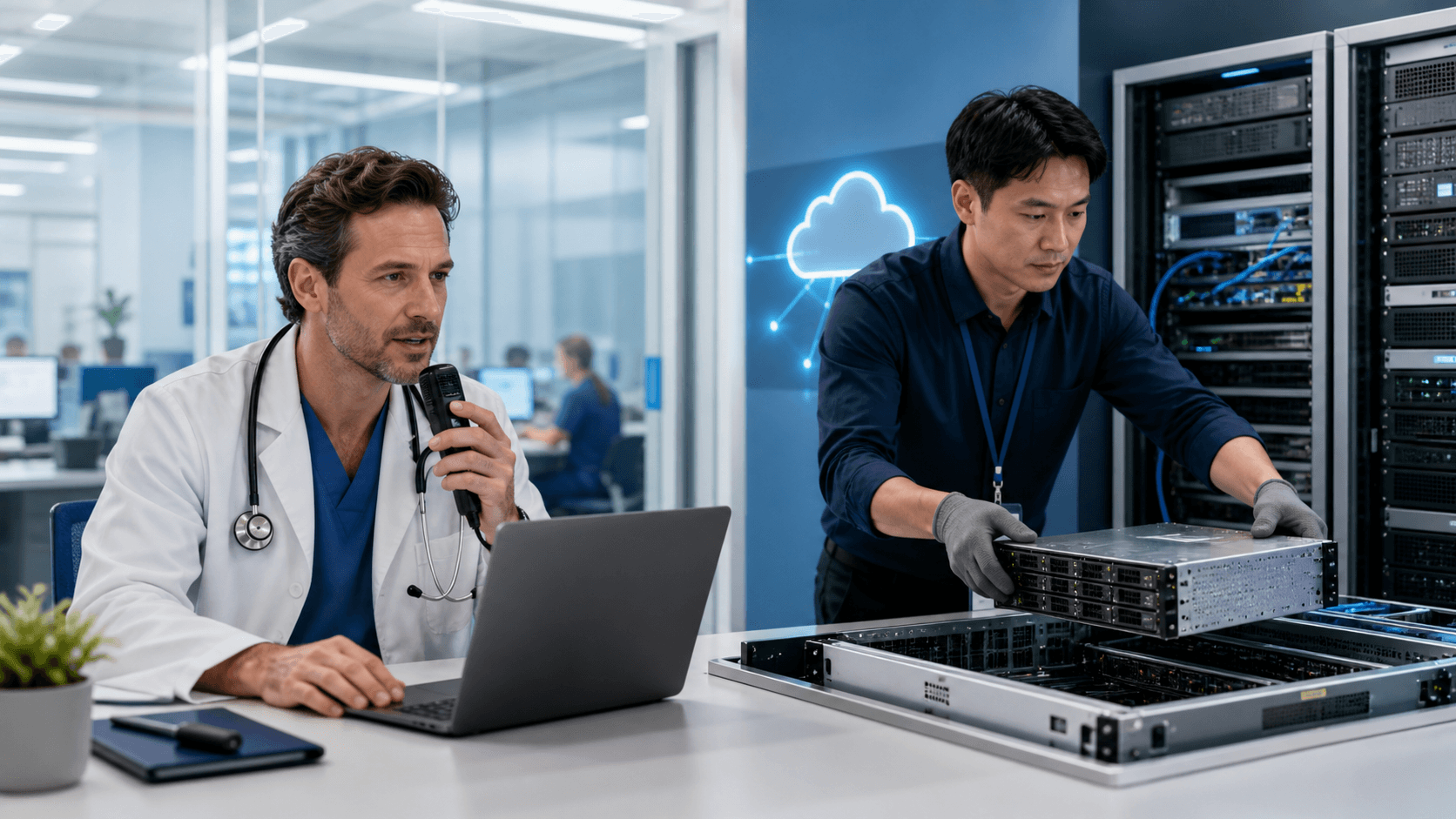 Split-screen blue server racks and cloud icon connected by glowing data pathways over a technical blueprint grid.