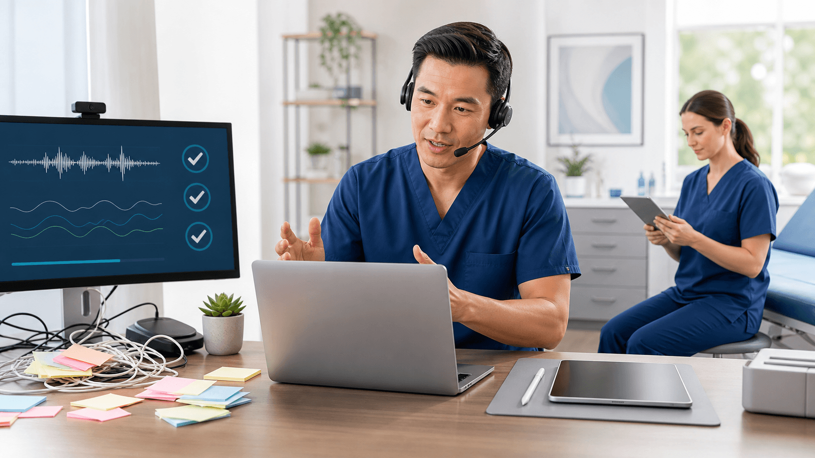 Doctor in blue scrubs speaking into a headset at a laptop, with a floating waveform icon on a white background