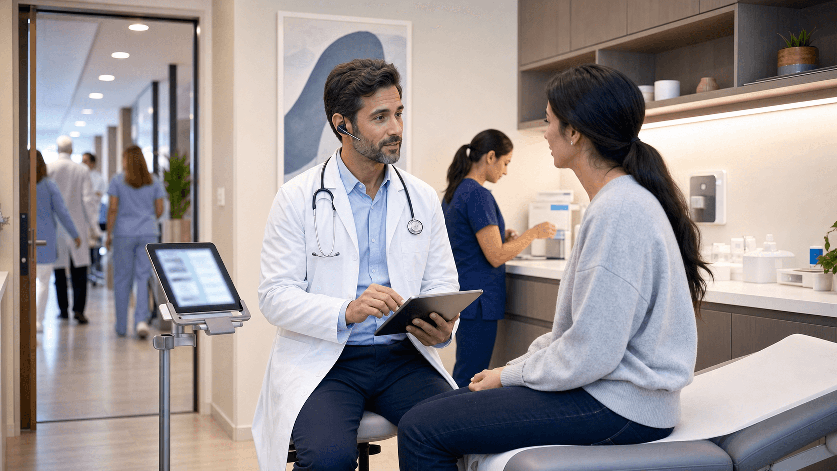 Doctor at a desk dictates into a headset beside a glowing monitor with waveform icons in a bright clinic setting.
