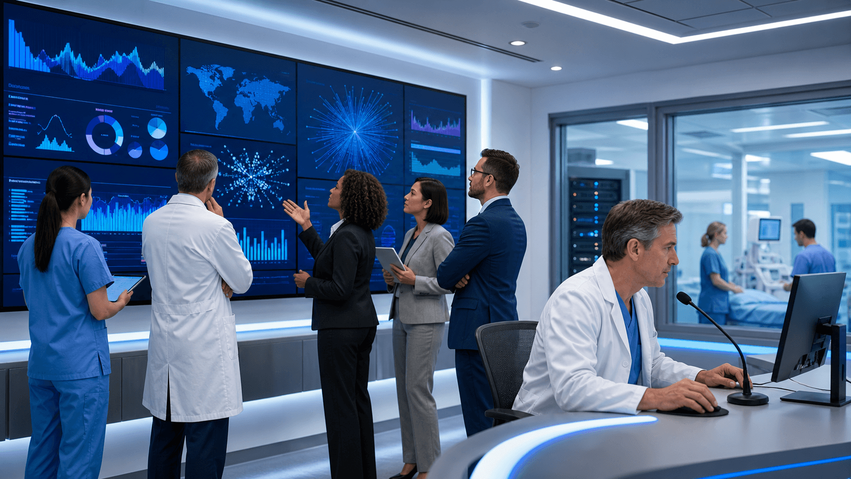 Doctor silhouette speaking into a microphone beside glowing blue medical data panels in a dark, modern office