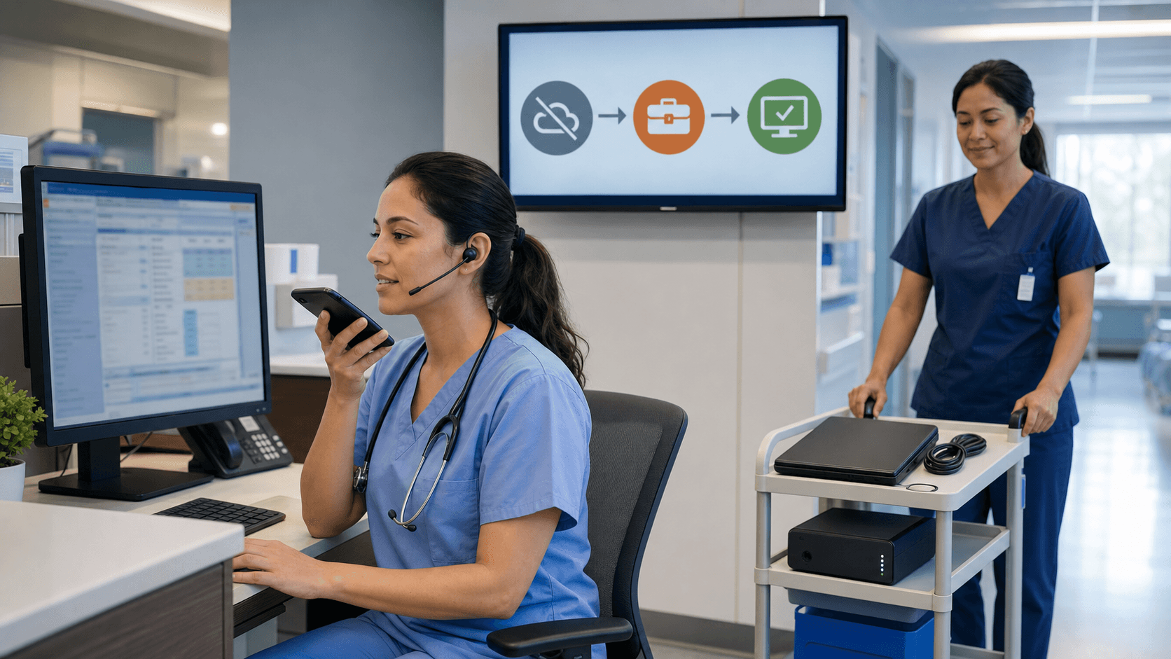 Blue-toned healthcare dashboard with microphone icon, cloud server nodes, and circular failover arrows over a dark grid