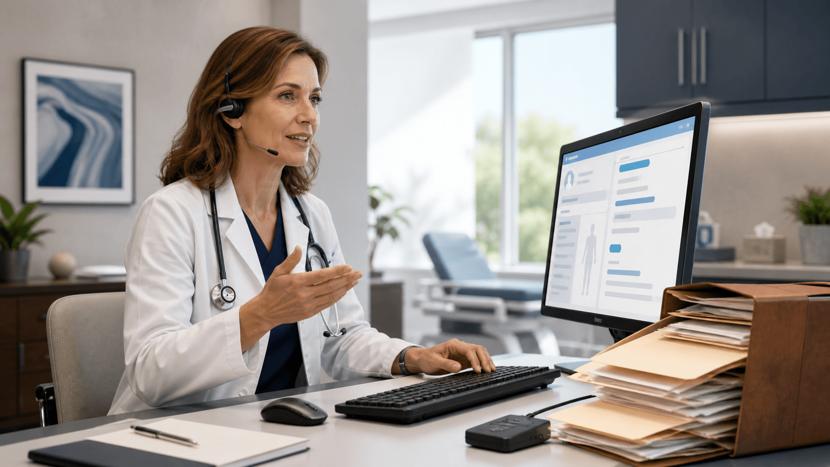 Doctor speaks into a microphone beside glowing blue waveform graphics and a digital medical interface.