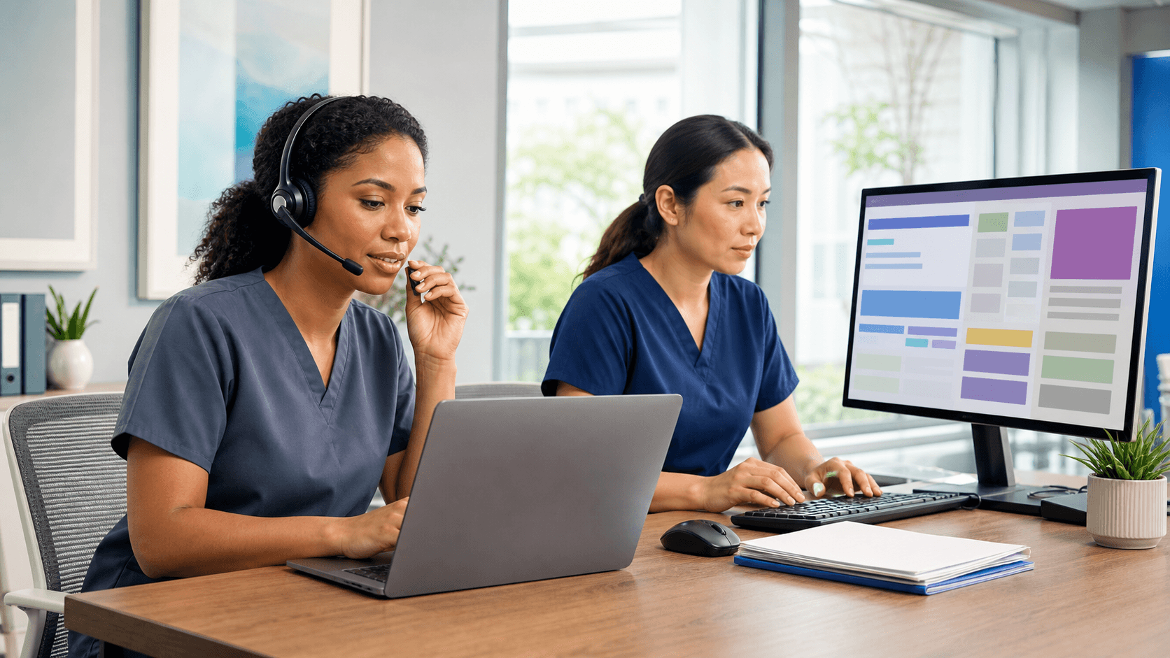Doctor’s hands typing on a laptop beside paper medical forms and a headset, with blue clinical lighting