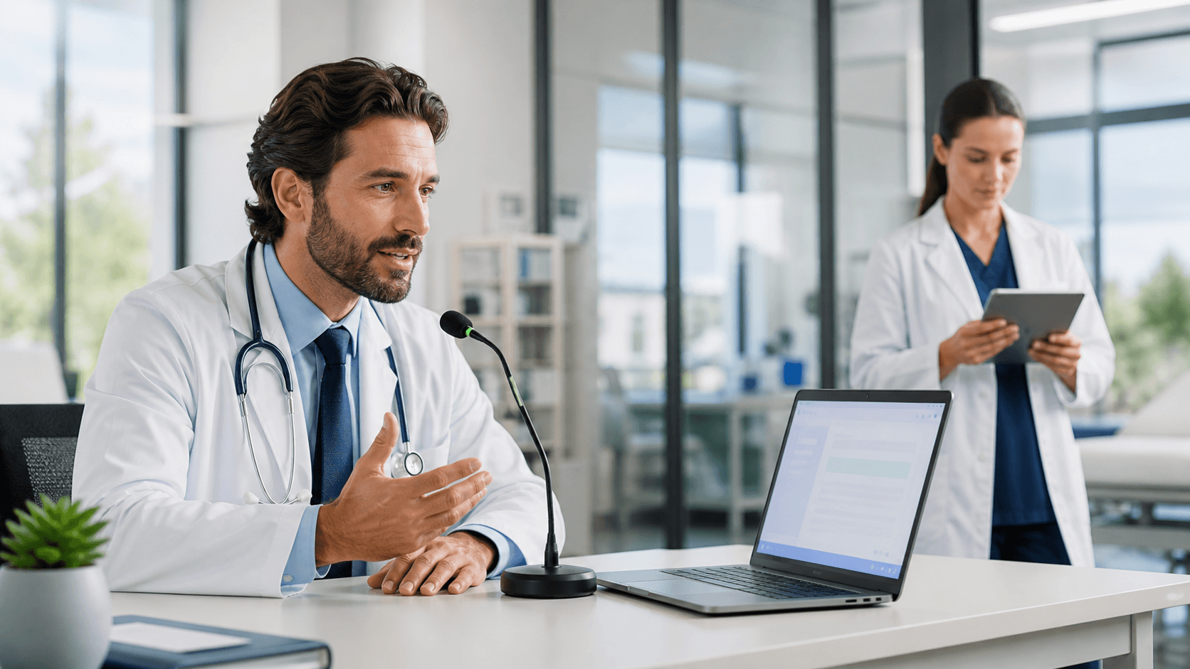 Doctor using a tablet with glowing cloud icons and digital medical charts on a blue futuristic background