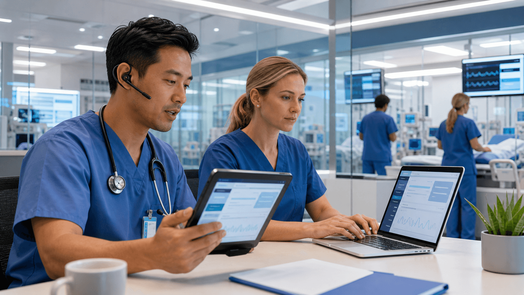 Futuristic hospital dashboard on a tablet, blue interface with connected nodes and medical icons on a dark background.