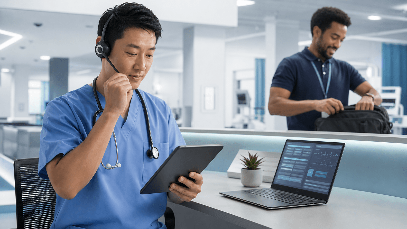 Clinician in scrubs speaks into a smartphone microphone, with a laptop and medical chart on a bright desk.