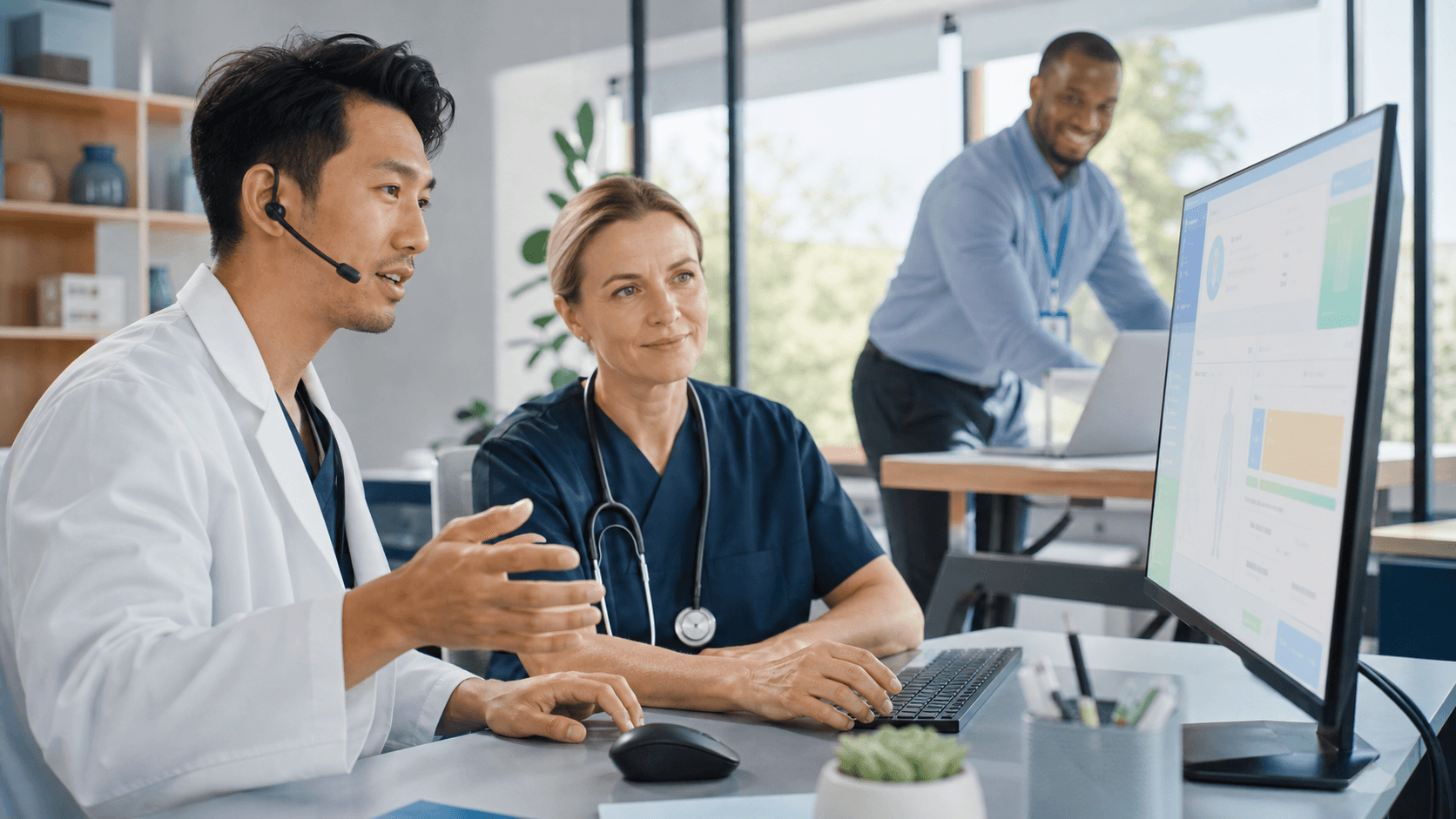 Doctor in a white coat uses a laptop with a blue digital waveform interface in a bright clinical office.