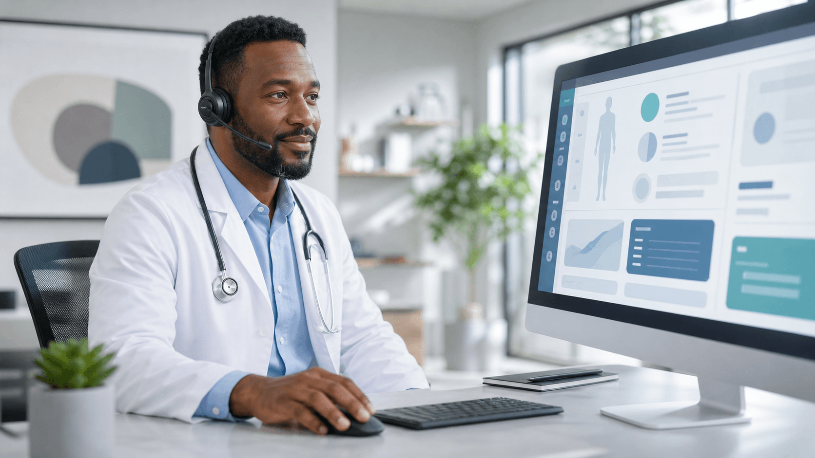 Clinician in blue scrubs dictating into a headset beside a glowing digital patient chart.