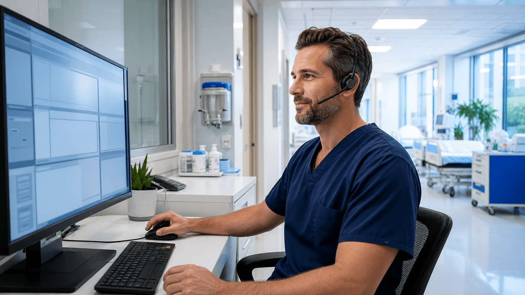 Surgeon in blue scrubs dictating into a microphone beside a glowing laptop in a bright operating room