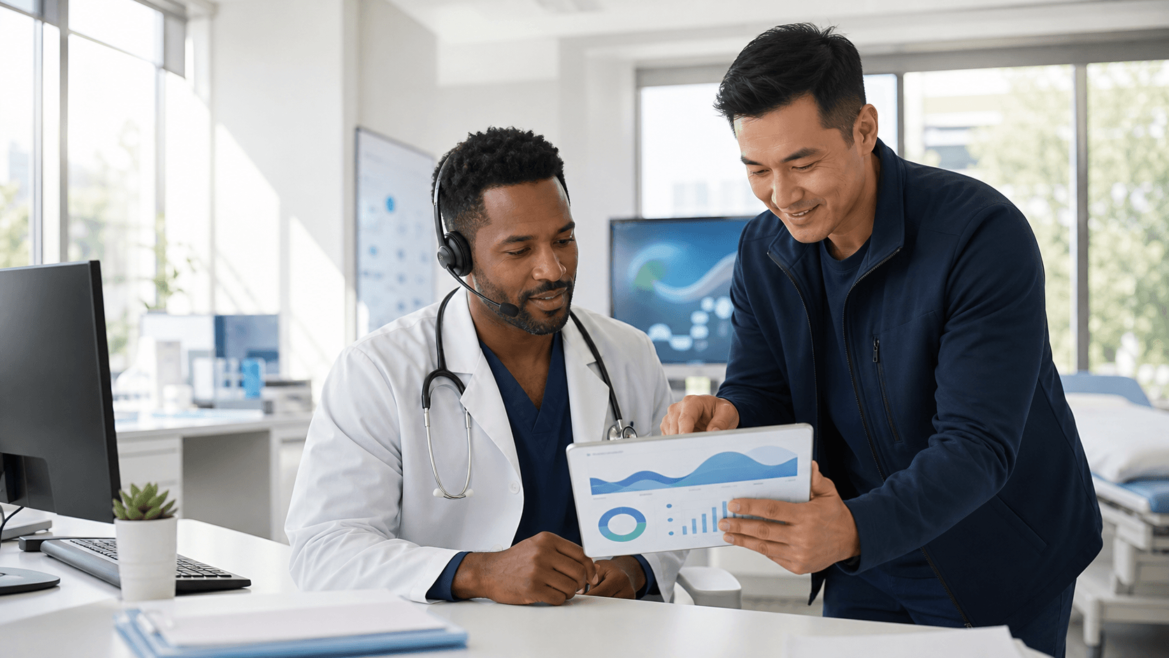 Doctor wearing a headset reviews a medical interface beside a glowing blue dragon icon.