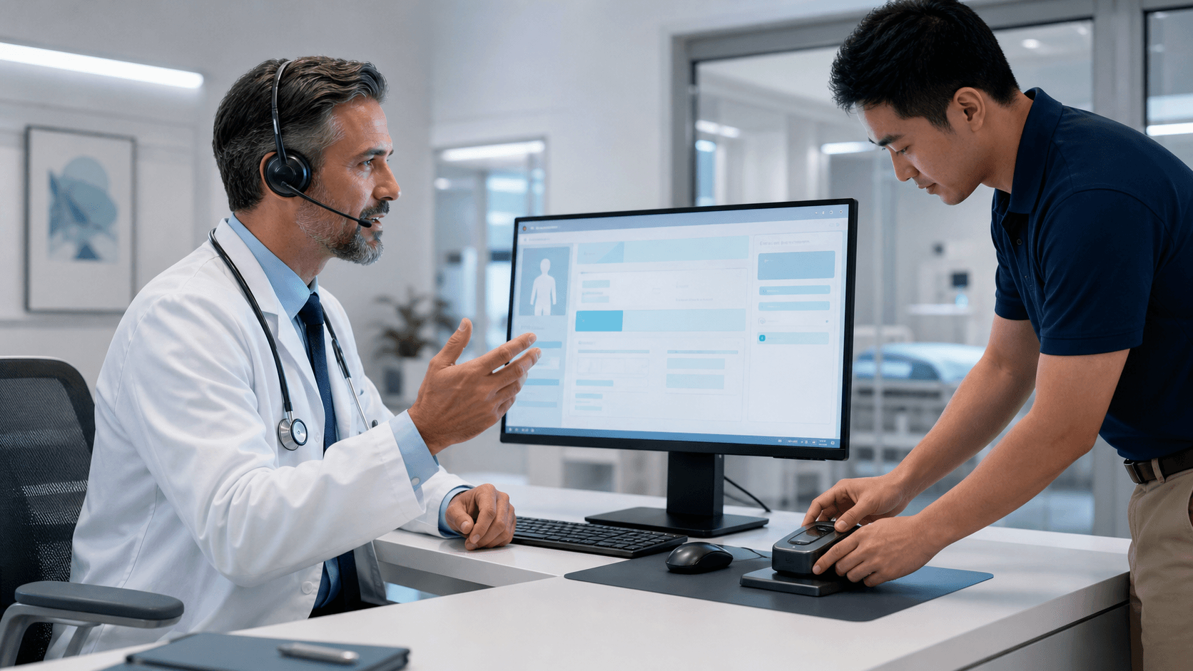 Doctor reviewing digital charts on a laptop beside a microphone, with blue clinical interface graphics in the background