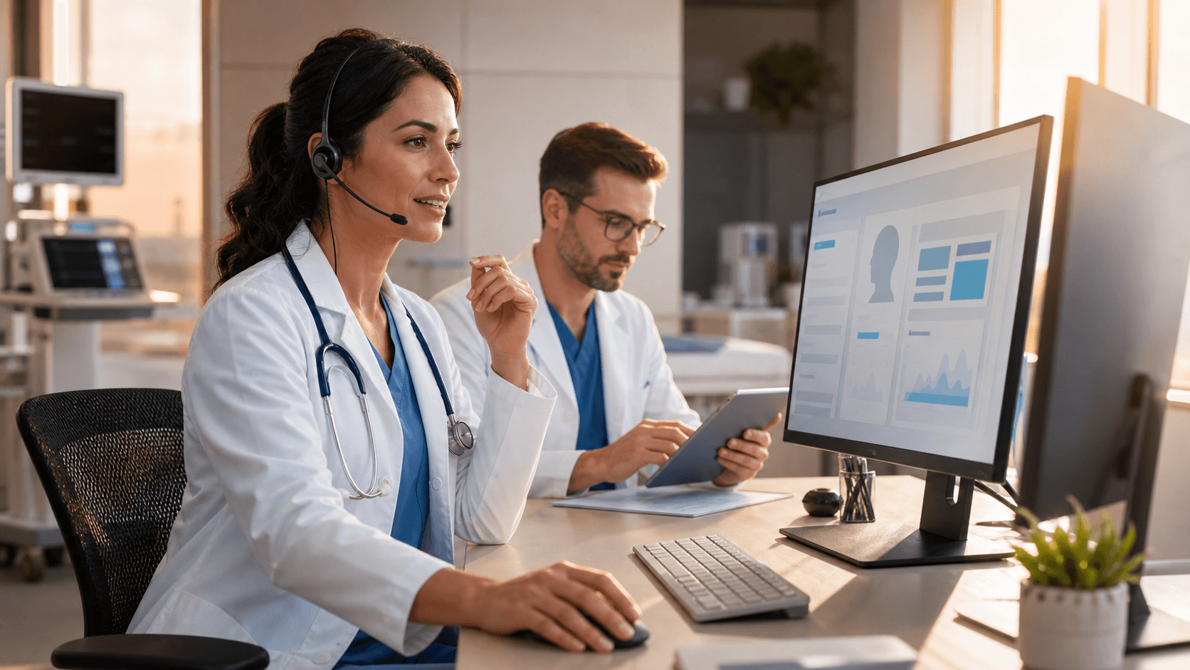 Doctor using a headset and laptop beside a glowing digital medical record interface in blue tones.