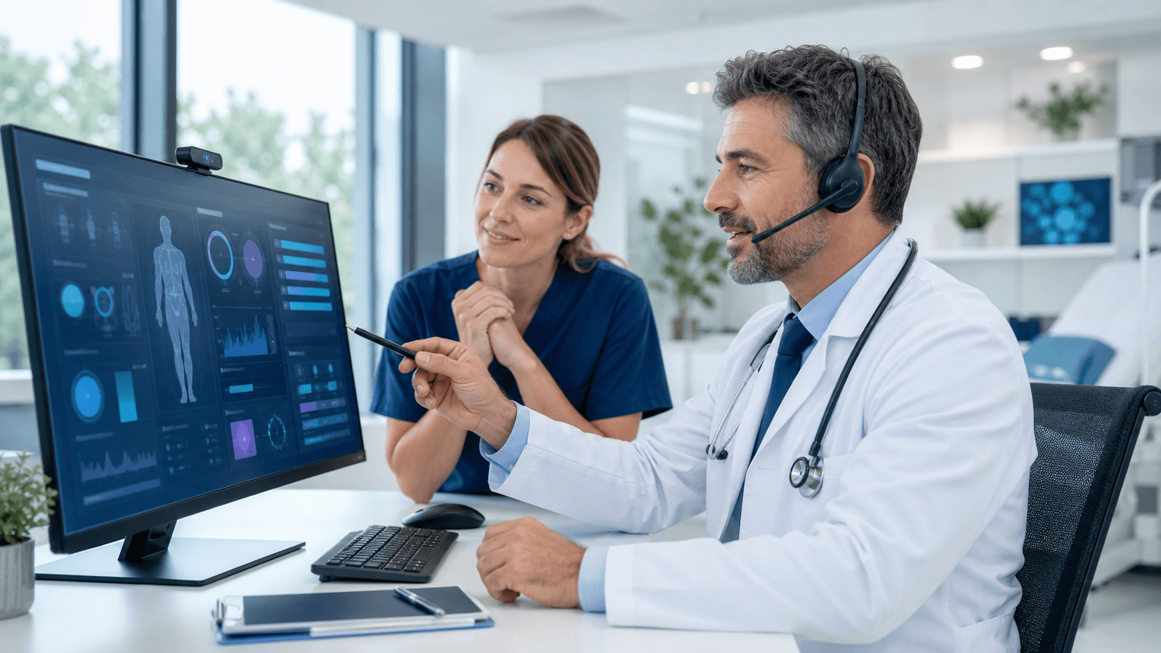 Doctor using a headset and laptop in a bright blue-toned clinical workspace with floating digital icons.