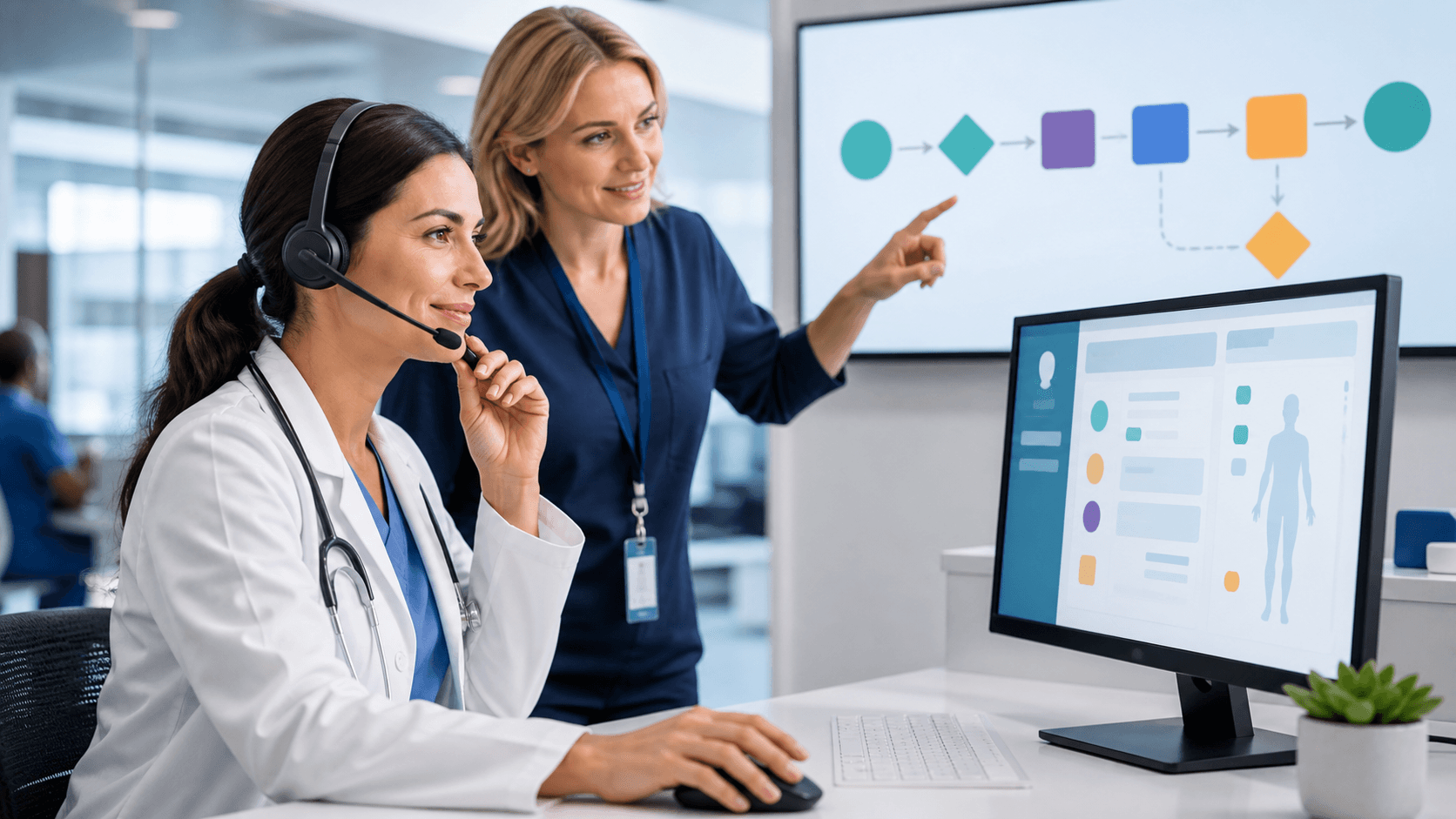 Doctor using voice dictation software on a laptop, with blue medical interface graphics in the background.