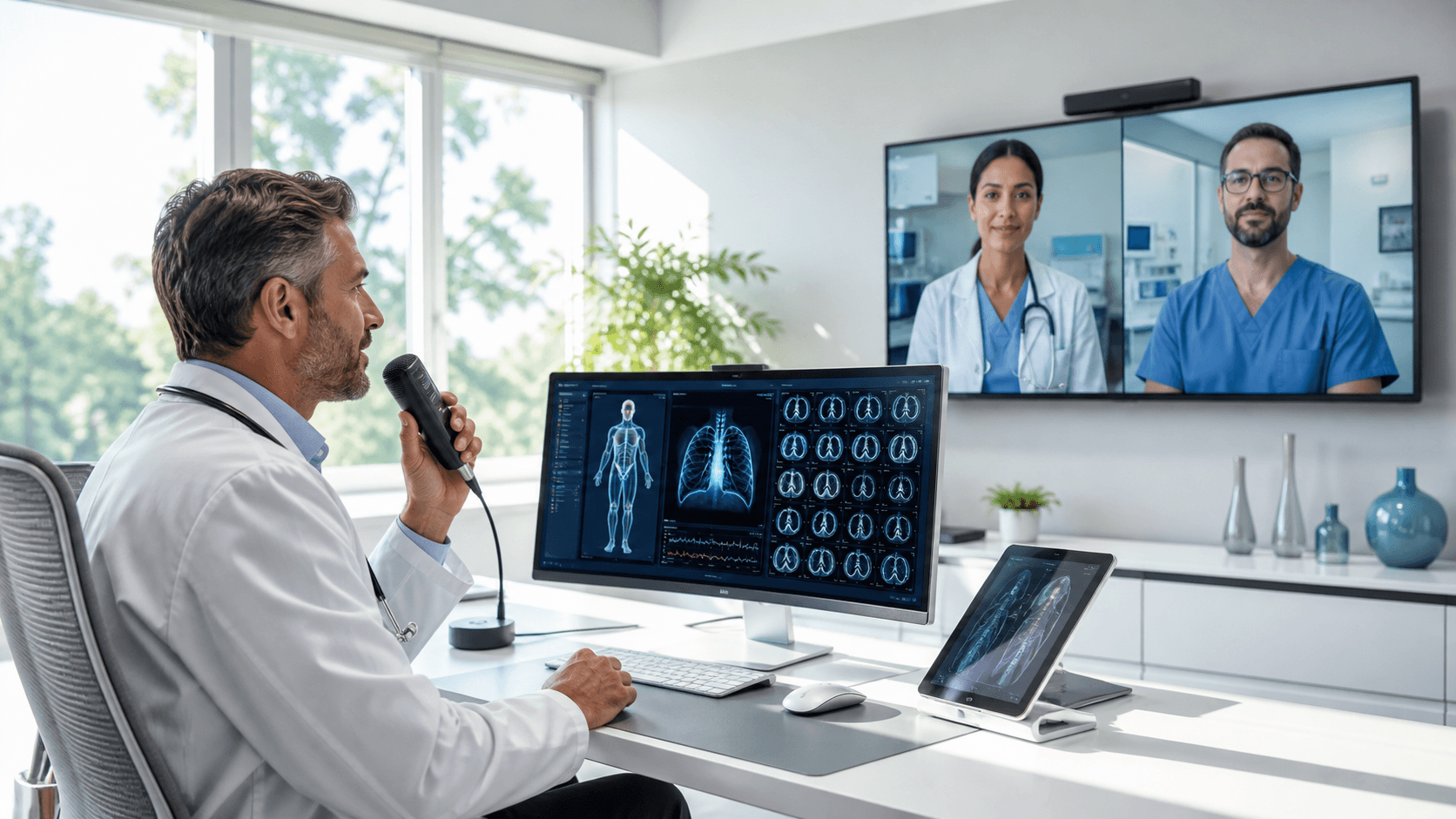 Clinician reviews patient records on dual monitors in a bright hospital workspace with blue digital interface overlays.