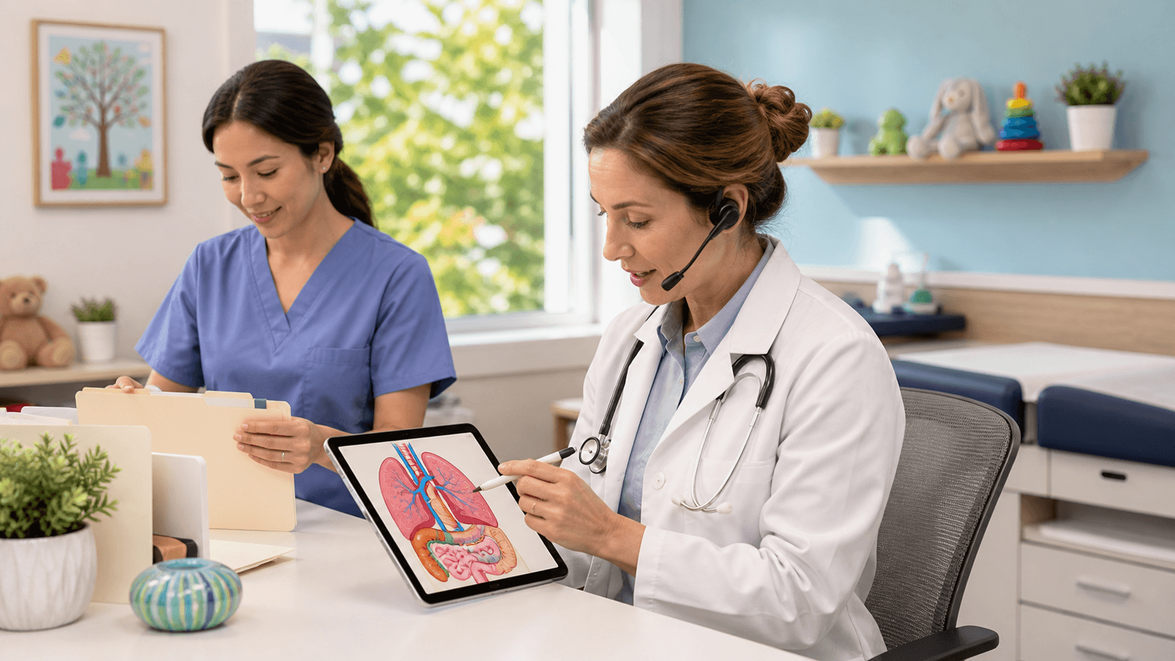 Pediatrician in blue scrubs dictating into a microphone beside a laptop in a bright clinic room.