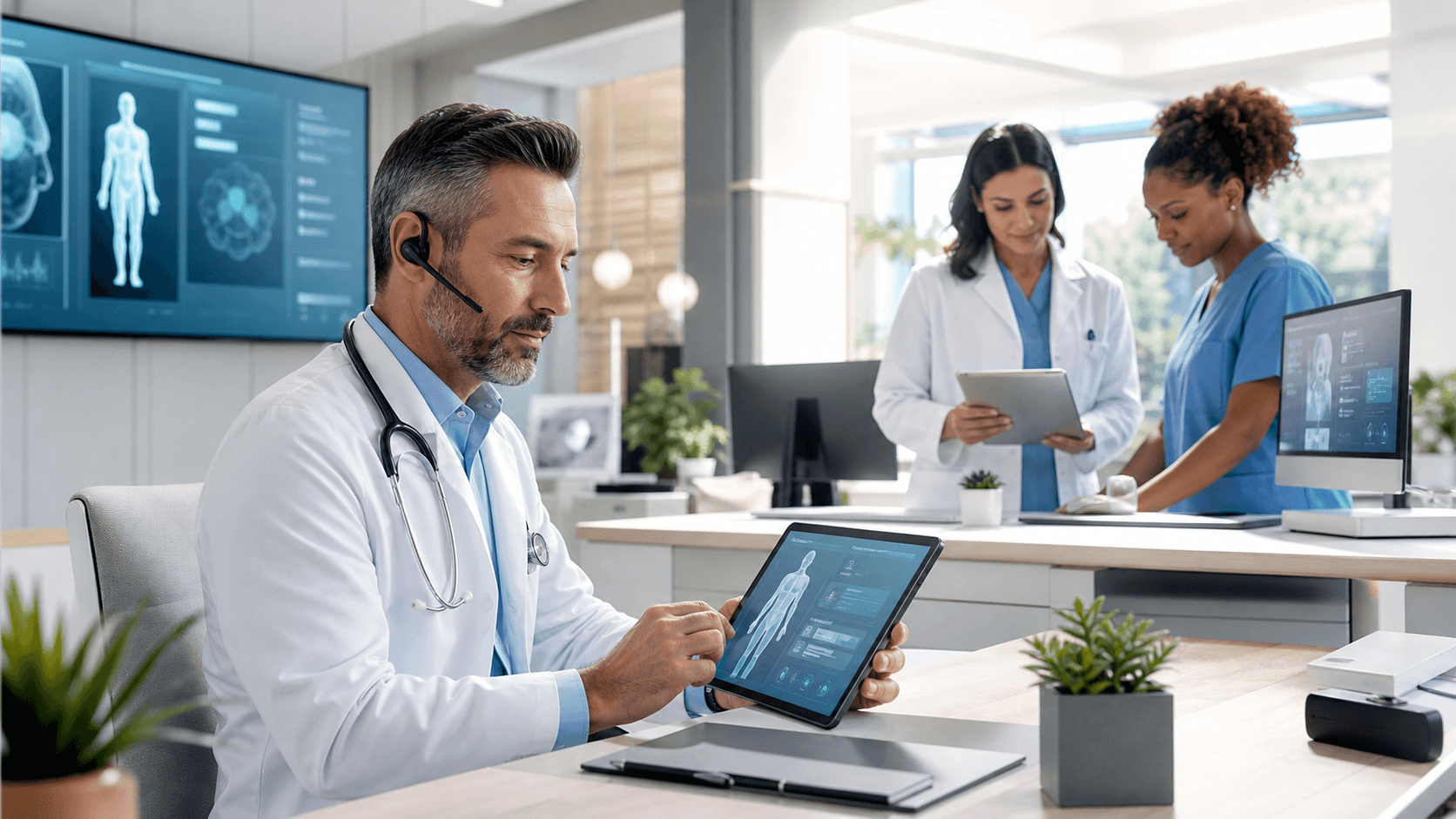 Doctor using a headset and laptop with blue cloud icons and floating medical data in a modern office.