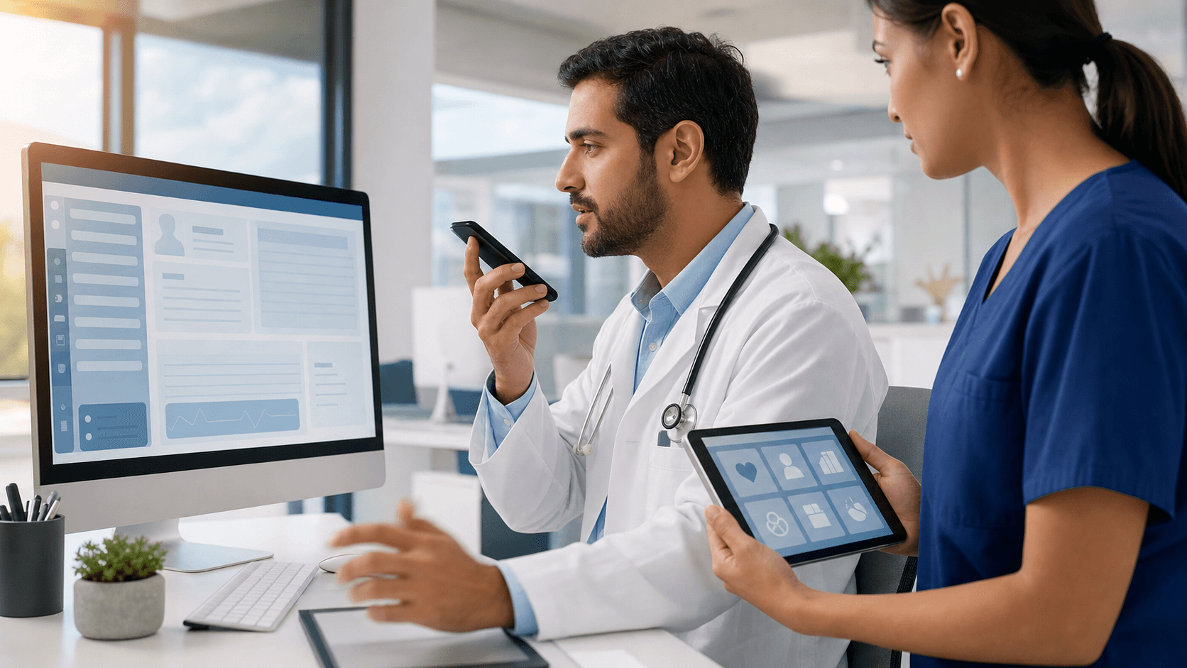 Doctor in a white coat using a smartphone with a microphone icon, blue medical charts and clipboard in background