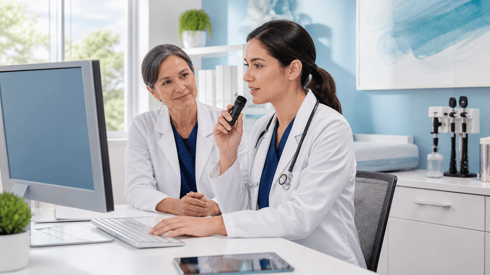 Clinician in a bright outpatient office using a headset and speech recognition software on a desktop monitor.