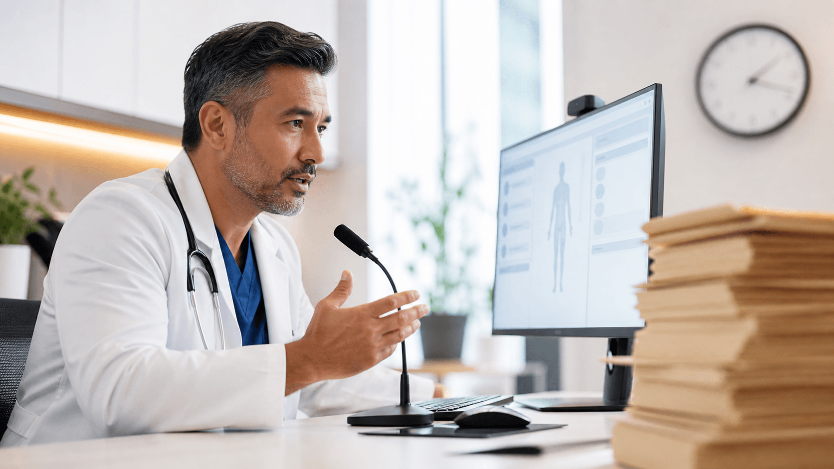Clinician reviews a glowing digital chart beside stacks of paper files in a dim blue office.