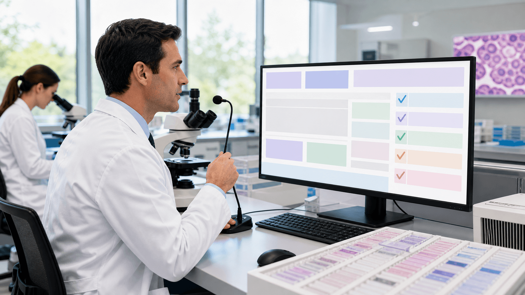 Pathologist reviews a digital synoptic checklist beside a microscope in a bright, modern laboratory.