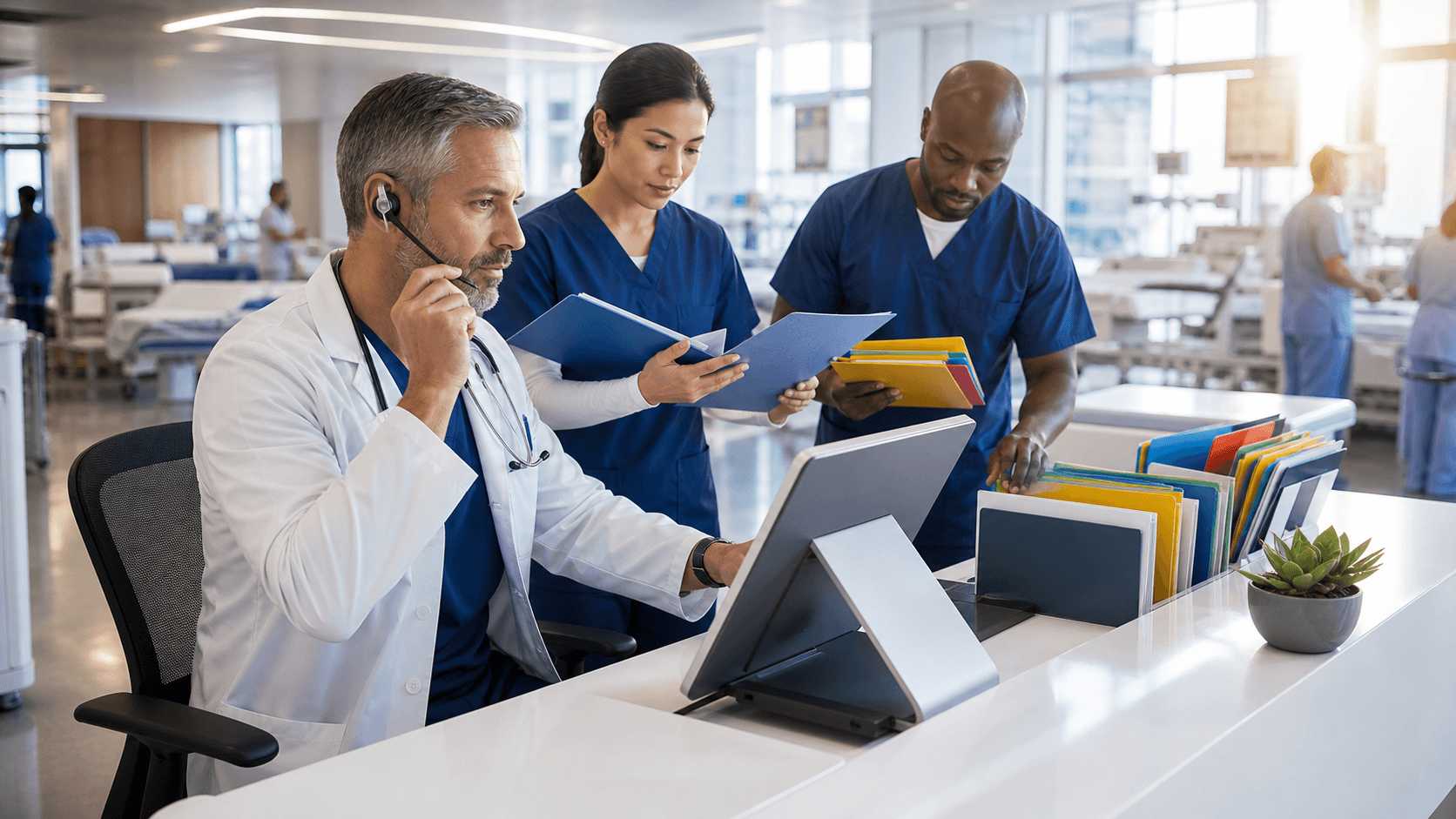 Blue-toned desk scene with headset, microphone, speech waveform, and organized checklists on a glowing screen.