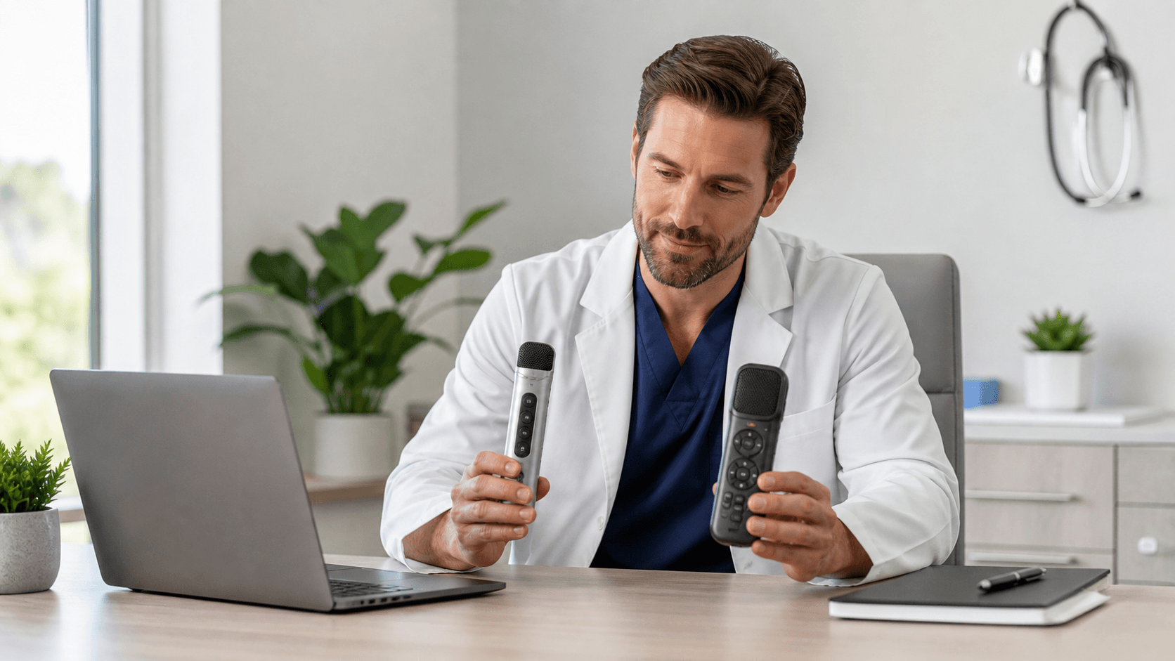 Two handheld medical dictation microphones on a clean blue gradient background.