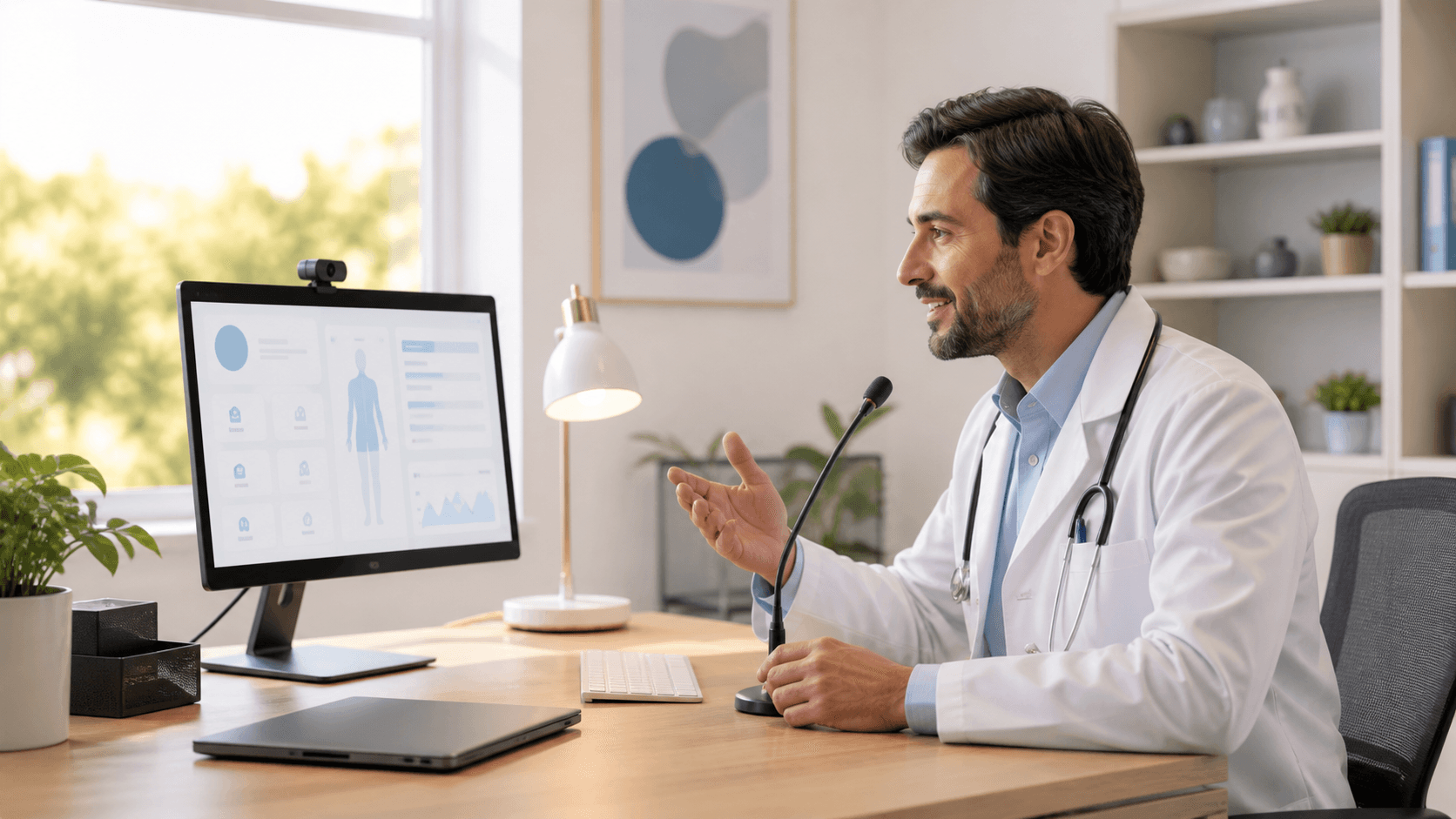 Doctor at a desk compares a microphone and keyboard beside a laptop in cool blue clinical lighting.