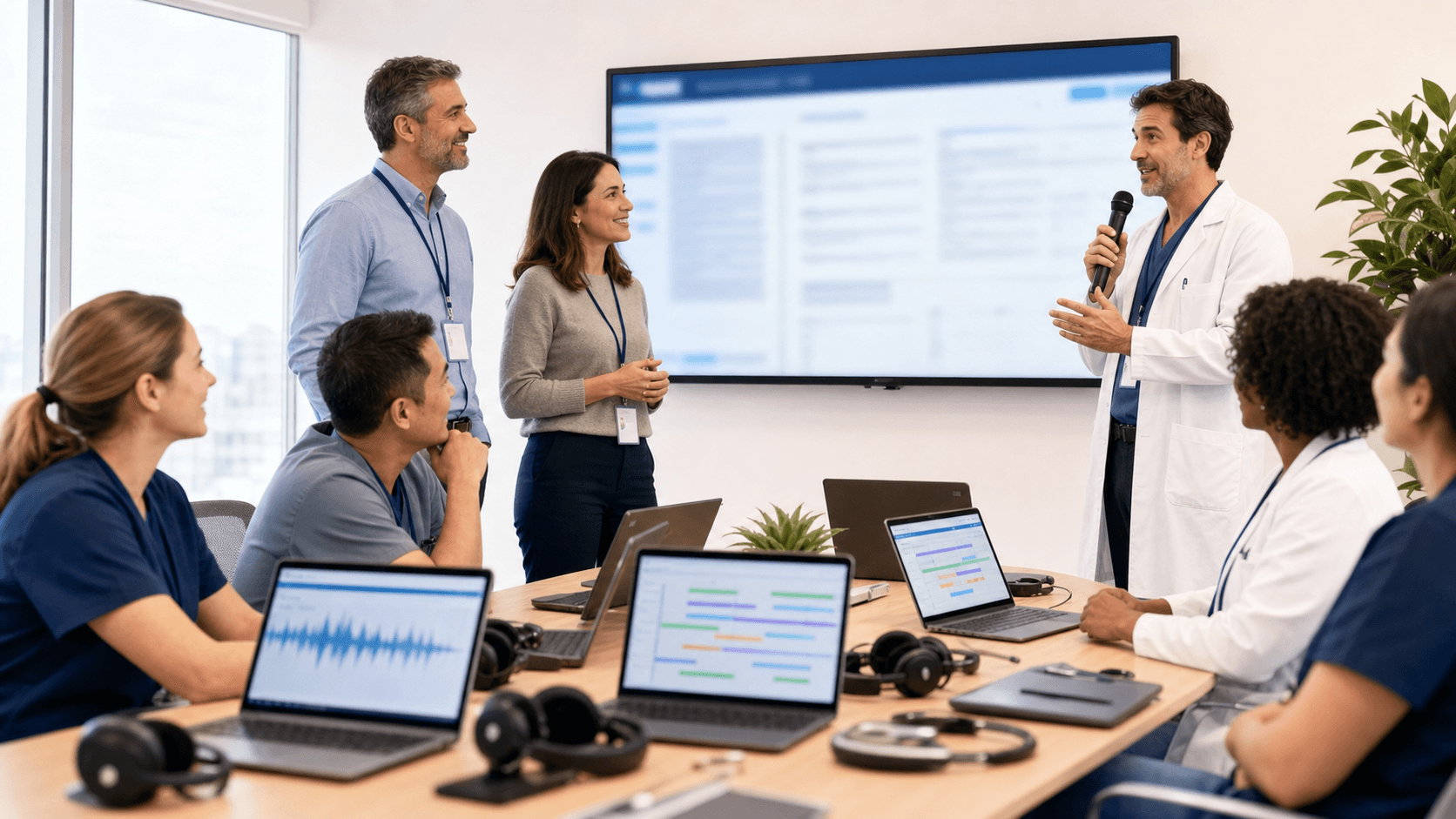 Doctors reviewing a digital tablet with medical charts beside a hospital merger icon on a blue, clean background