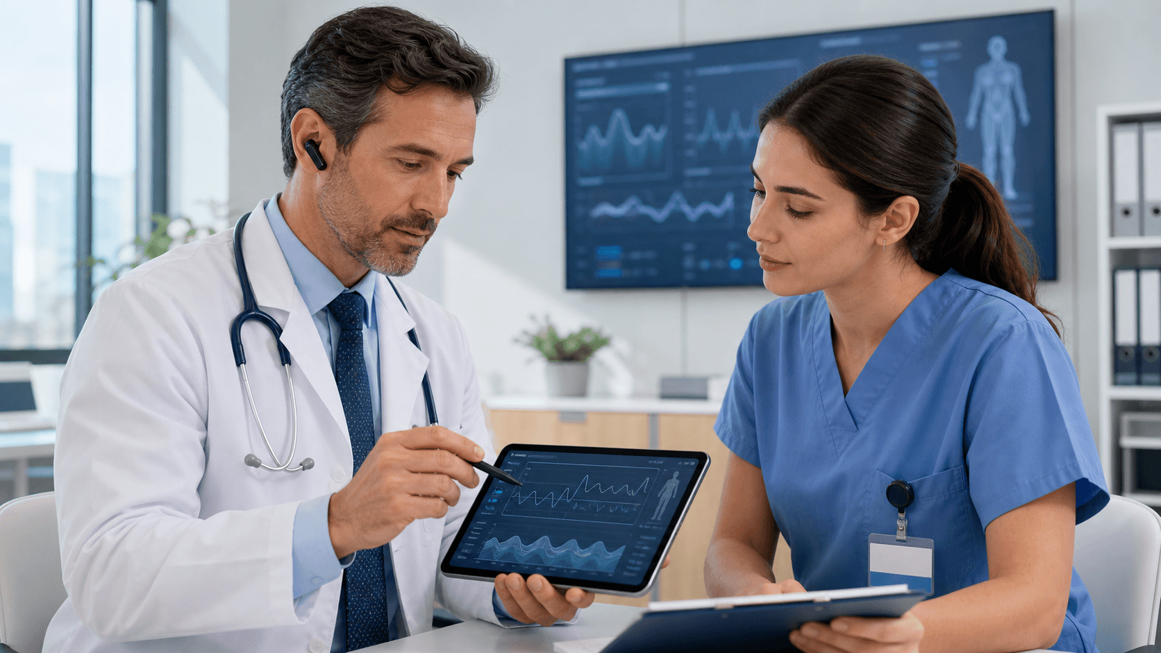 Clinician in blue scrubs uses a headset microphone beside a glowing laptop in a bright hospital office.