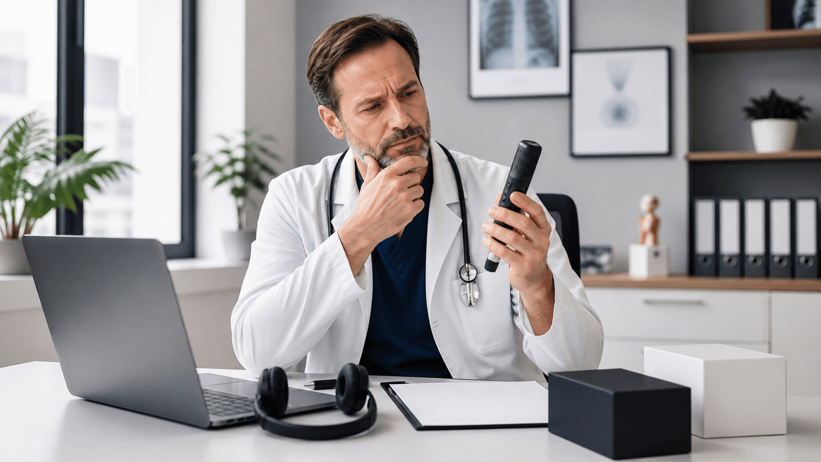 Doctor in a white coat compares a handheld recorder beside a laptop in a bright clinical office.