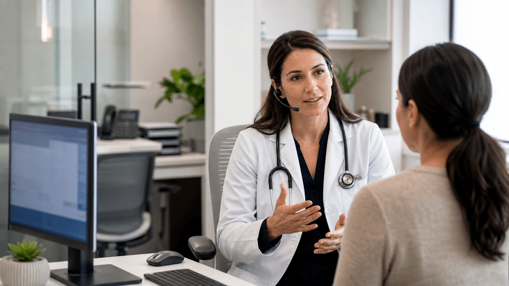Doctor in white coat dictating into a smartphone beside a laptop, blue-toned background with soft lighting.