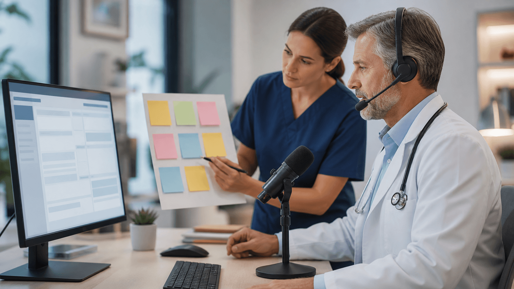 Doctor reviews dictation notes on a laptop beside a microphone in a bright, modern office.