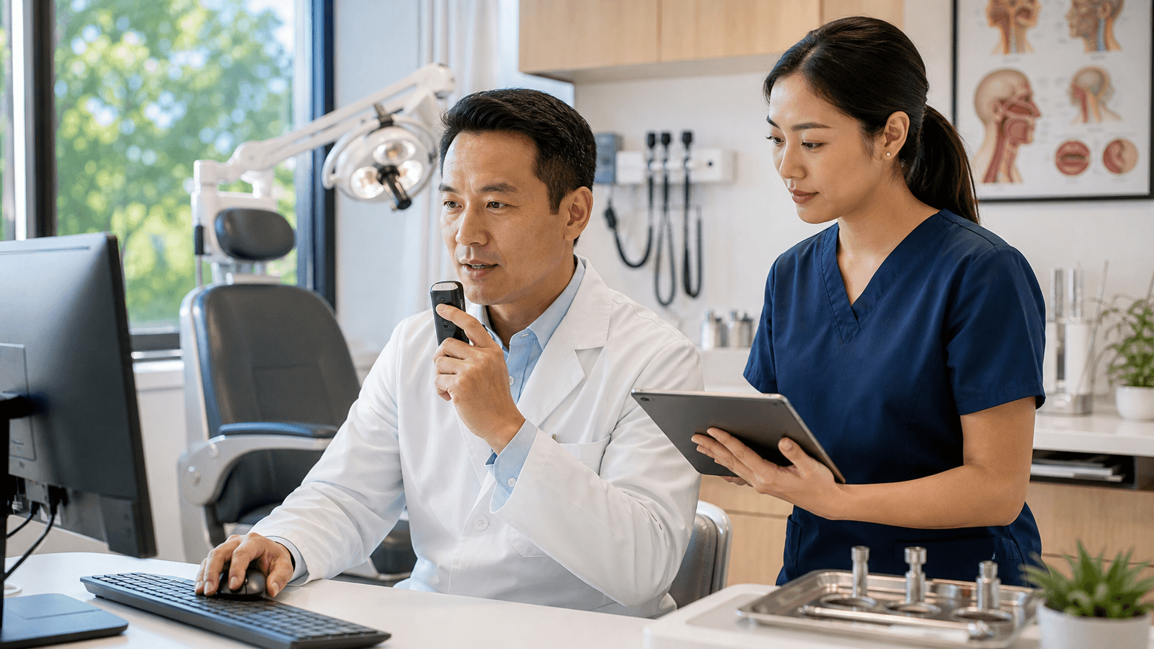 Doctor in white coat speaks to a headset beside a glowing computer screen in a bright, modern clinic.