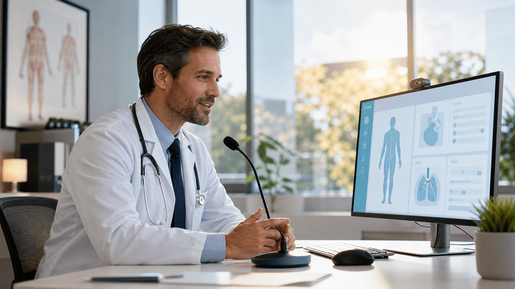 Doctor uses a headset at a laptop, with blue digital waveform graphics glowing in the background.