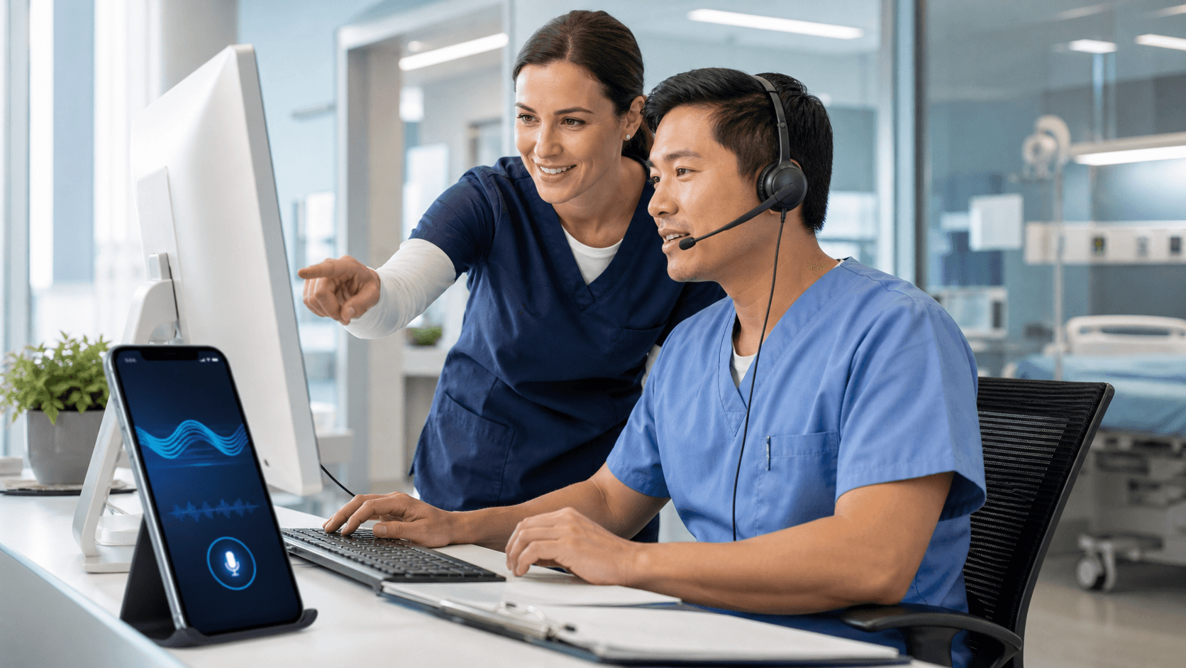 Doctor at a computer with a headset mic, speaking into a waveform interface on a blue hospital-themed screen